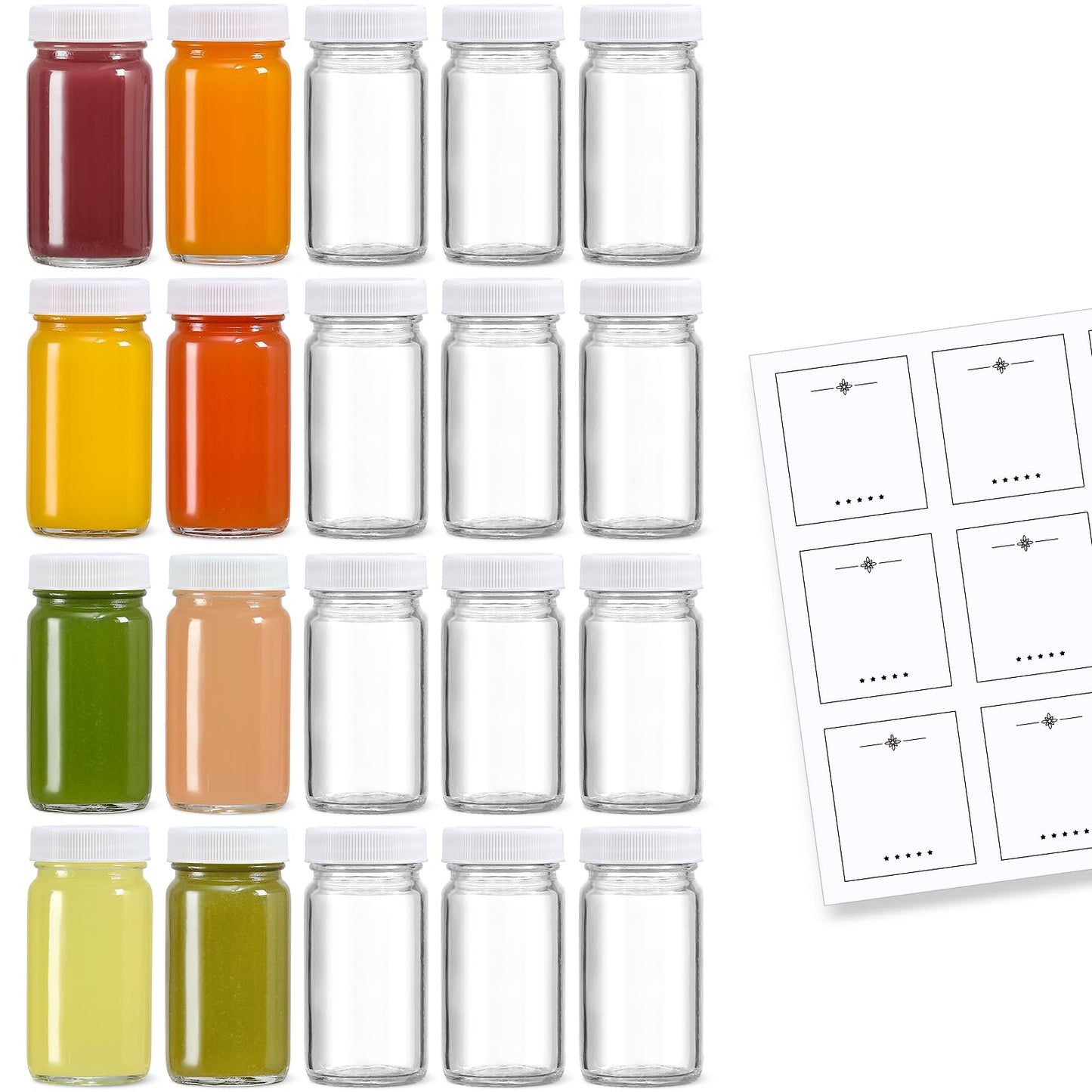 20 Pack 2 oz Glass Shot Bottles w/ White Lids & 20 Labels - Small Clear Jar for Ginger, Wellness Shot, Juice, Sample, Whiskey - Travel Essentials Mini Bottles - Wide Mouth, Leakproof, Dishwasher Safe
