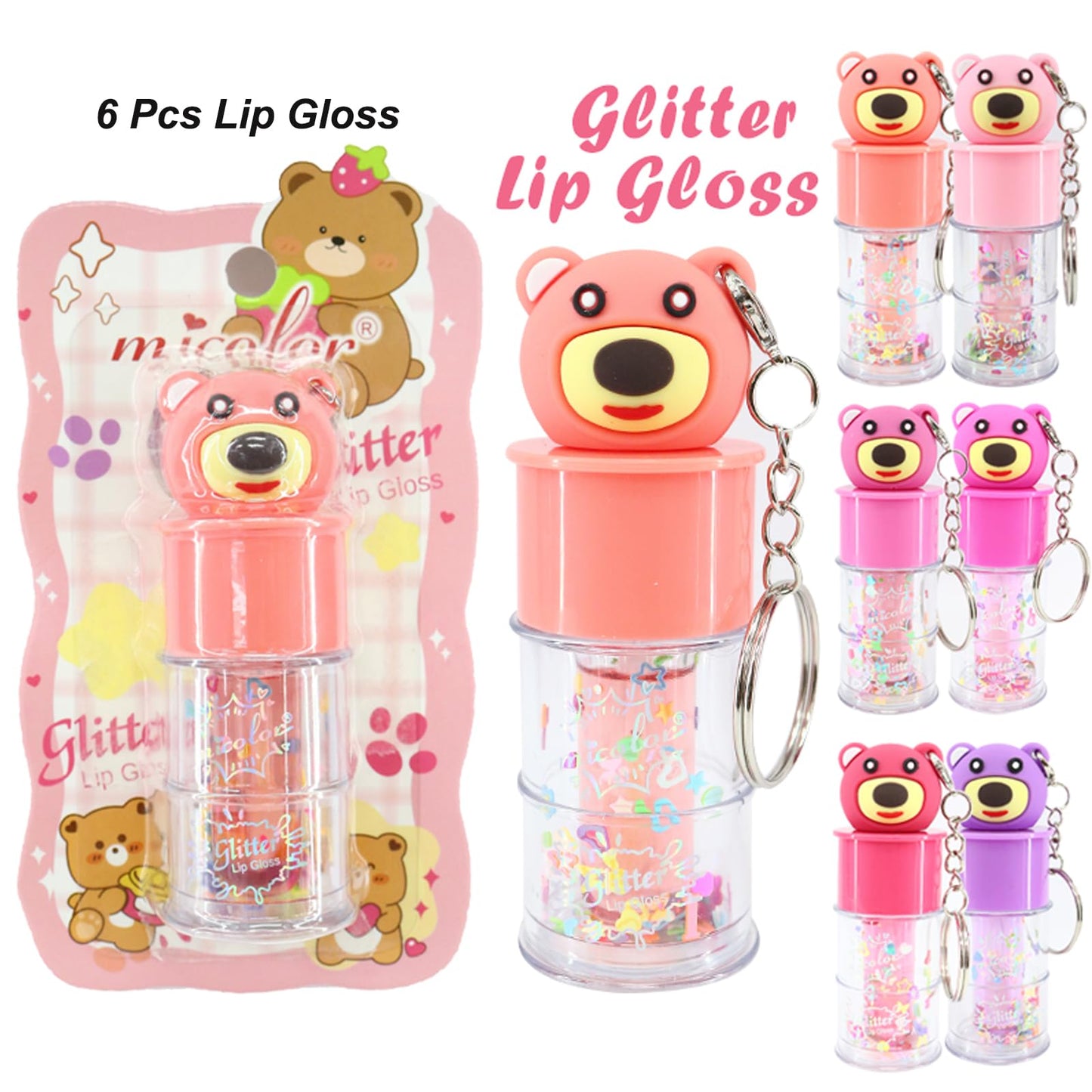 DENESTUP 6 Pcs Hydrating Lip Gloss Set, Shimmer Glossy Moisturizing Lip Jelly Sequins and Sparkles Lip Make-Up for Women Party Gift Cute Bear Keychain Design