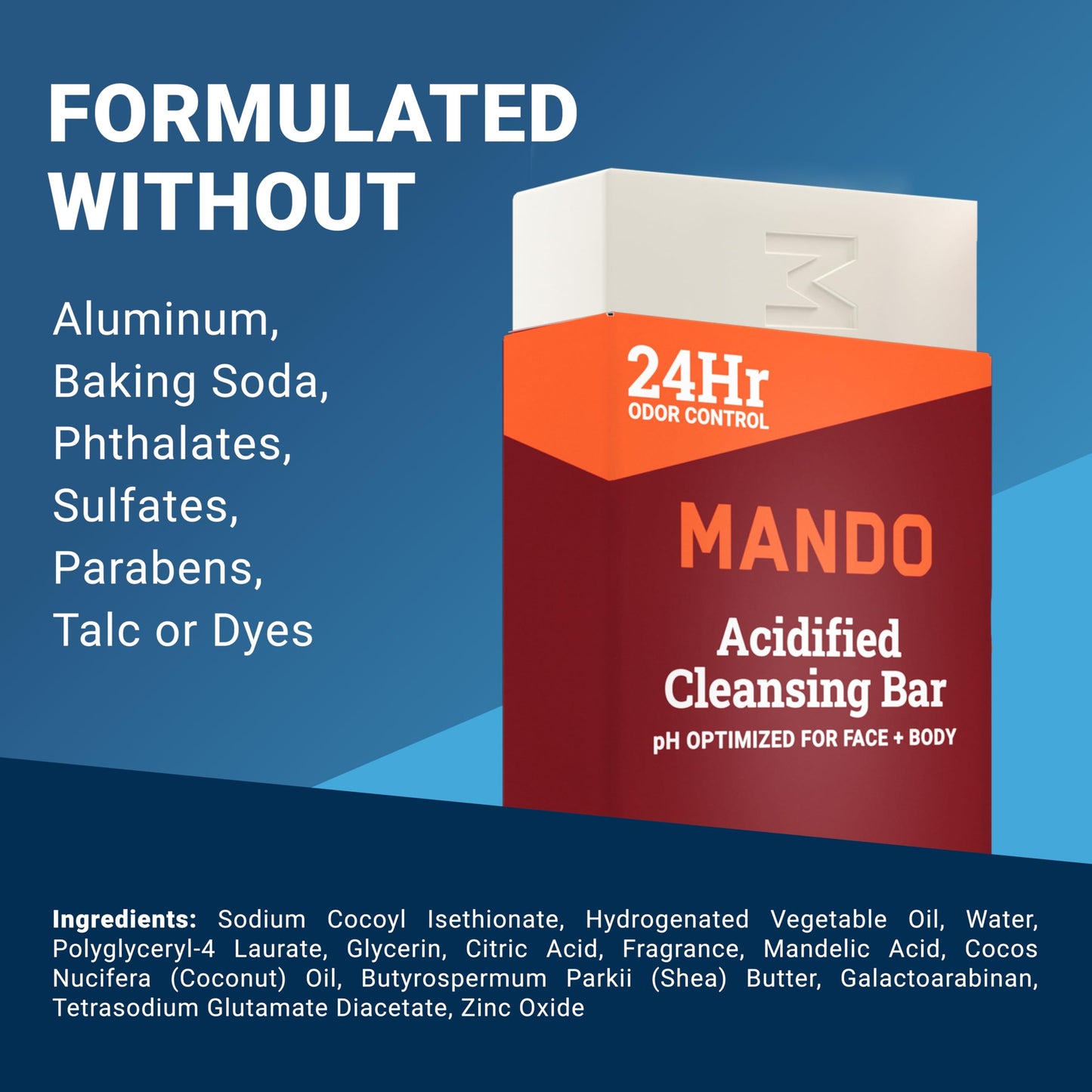Mando Acidified Cleansing Bar - 24-Hour Odor Control - Removes Odor Better than Soap - Moisturizing Formula - SLS Free, Paraben Free - Safe For Sensitive Skin