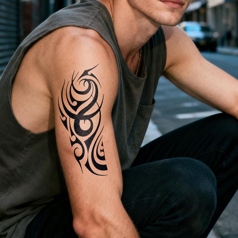 UBICA Semi Permanent Tattoos, 2 Sheets Realistic Large Temporary for Men, Fake Tattoos for Arm, Waterproof, No Reflective, Lasts 1-2 Weeks, Bold Black Ink Body Art(Tribal Gothic Swirl Designs)