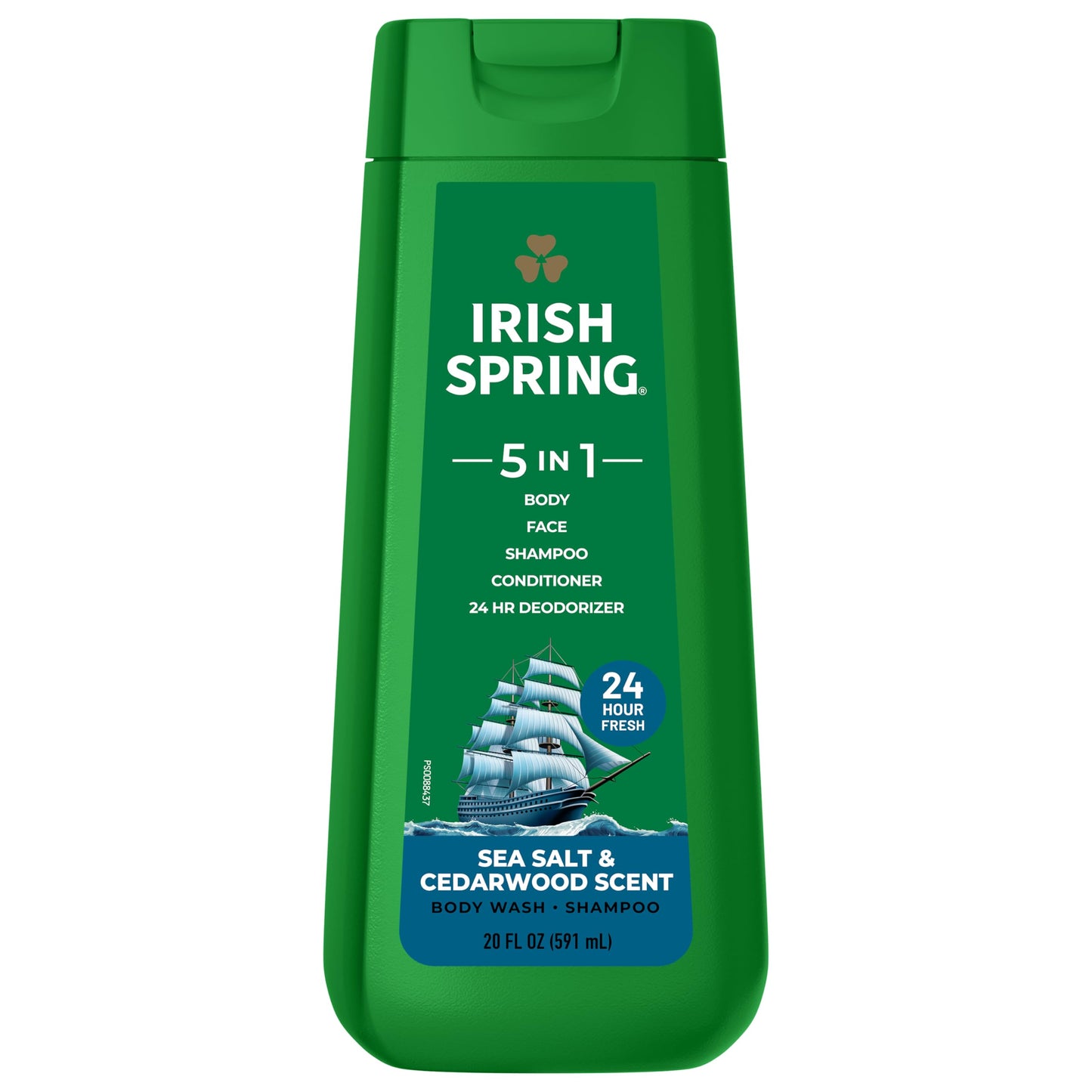Irish Spring 5 in 1 Moisturizing Body Wash for Men, Shampoo, Conditioner, Body and Face Wash, and 24 Hour Deodorizer, Paraben-Free, Sea Salt & Cedarwood Scent, 20 fl oz, 4 Pack