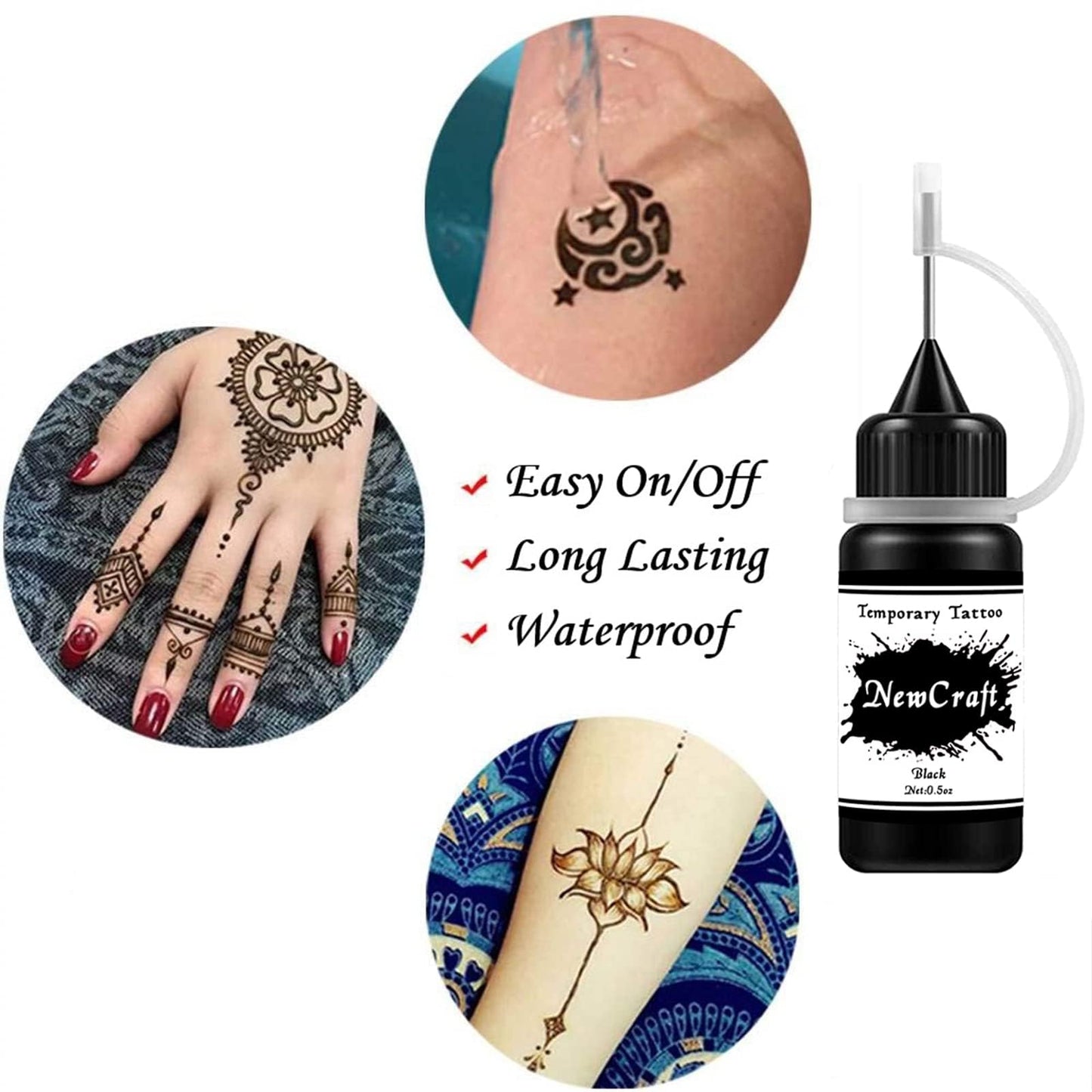 Temporary Tattoo Kit with 6 Bottles Semi Permanent Ink DIY Fake Freckles and 64 Patterns Adhensive Stencils for Women Men, Black/Brown