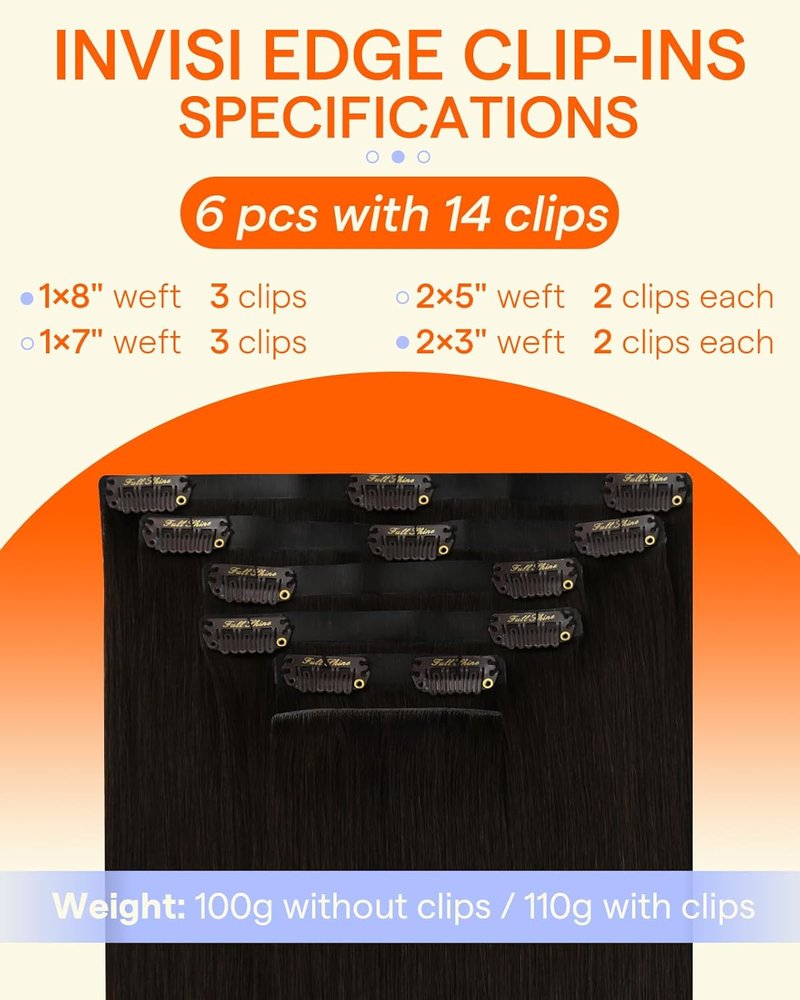 Invisi Edge Clip-In Hair Extensions - Jet Black Seamless Remy Human Hair, 16 Inch, 120g, 6 Pcs