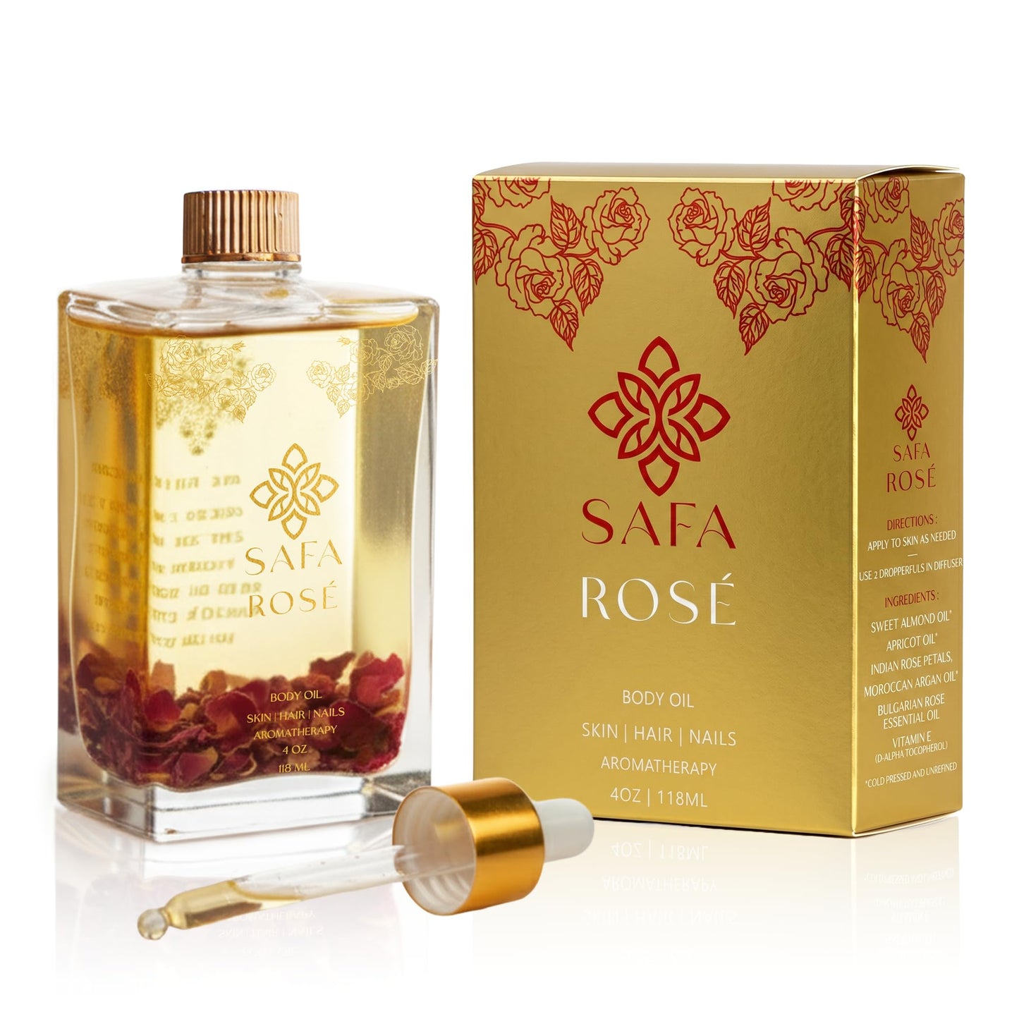 SAFA Rosé Body Oil | Luxury Bulgarian Rose Oil with Real Rose Petals | Fast Absorbing After Shower Hydrating Oil | Moroccan Argan Sweet Almond & Vitamin E | Silky Moisturizer Face & Skin | 4 fl oz