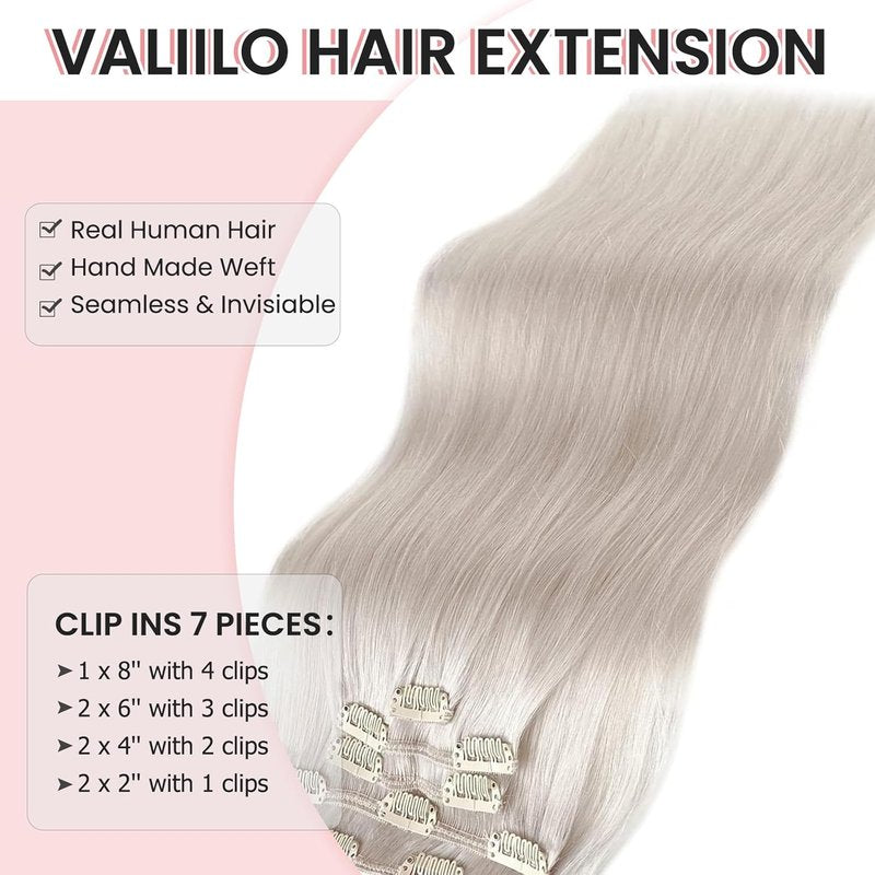 Clip In Hair Extensions - Ice White Virgin Remy Human Hair | 16 Inch, 7pcs, 70g Straight Hairpieces for Thinning Hair
