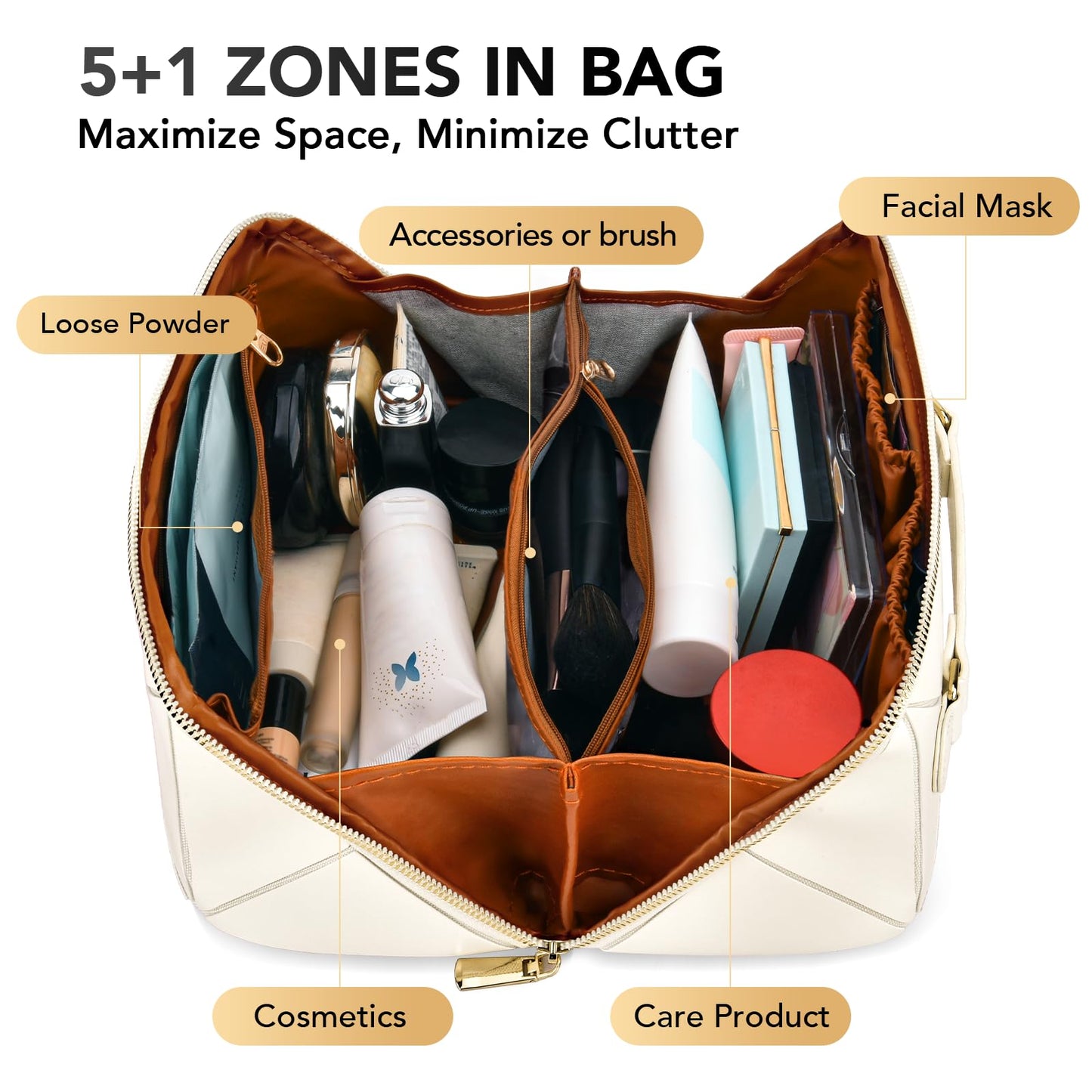 stona Travel Makeup Bag for Women, Large Capacity PU Leather Waterproof Checkered Cosmetic Bags, Portable Pouch Open Flat Toiletry Bag, Make up Organizer with Divider and Handle H3, Black-03