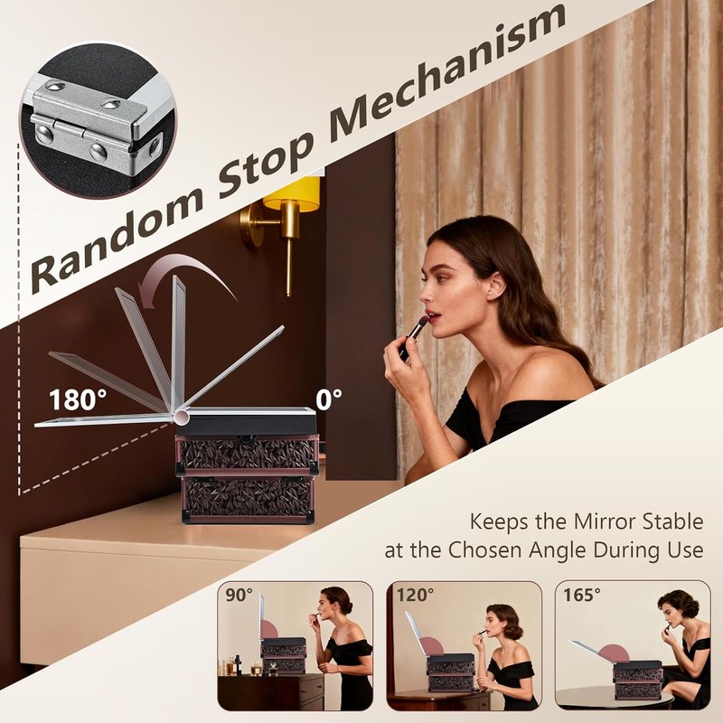 Makeup Train Case Organizer - Portable Cosmetic Storage Box with Mirror & Locking - Dark Brown, 2 Trays for Professionals