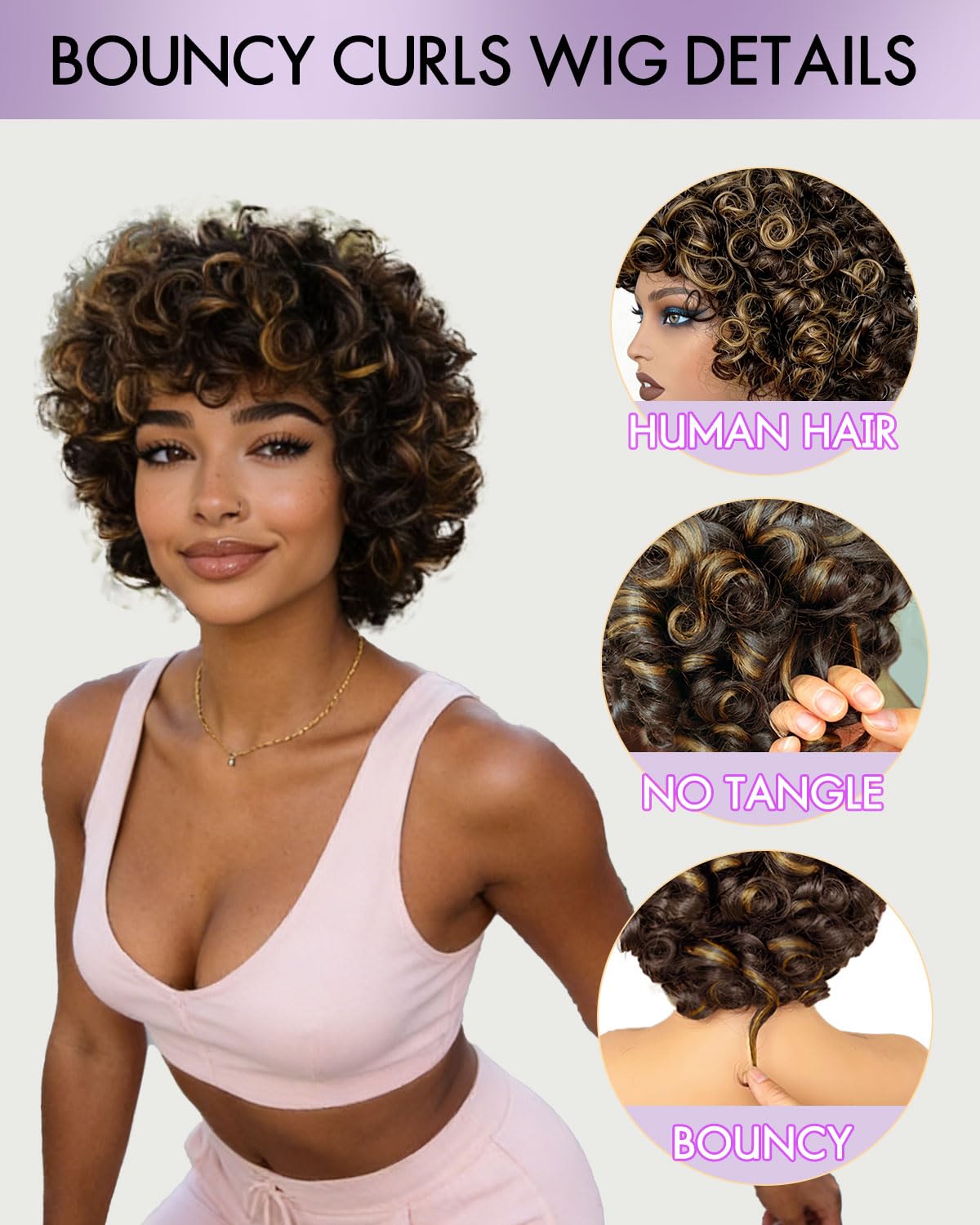 Wosama Curly Human Hair Wig With Bangs Ombre Glueless Bob Wig Human Hair 12inch Wigs Human Hair With Bangs Highlight Wear 4/27