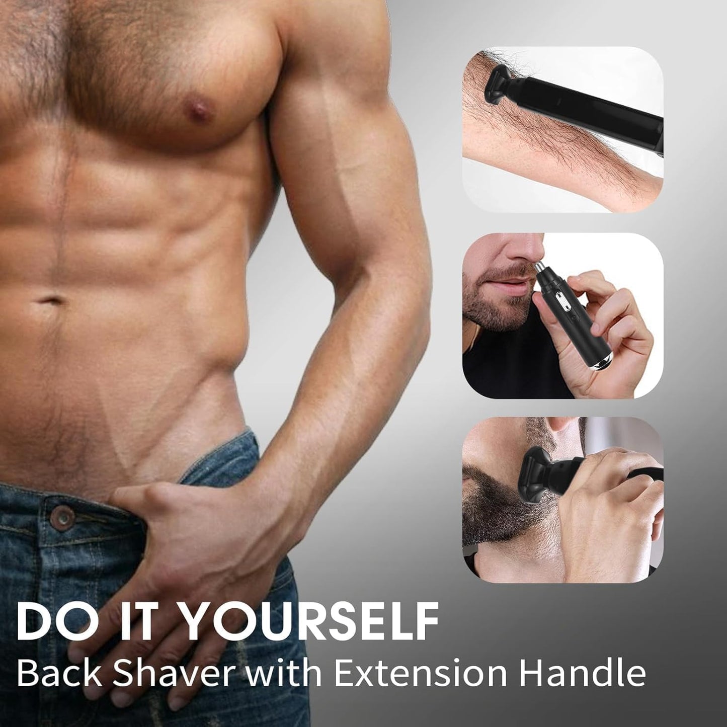 ETbyto Back Shavers for Men Long Handle，Multifunctional Self-Service Electric Back Hair Razor with Adjustable Handle，Men's Back Shaver wiht Nose Hair Trimmer Set and 2 Shock Absorber Flex
