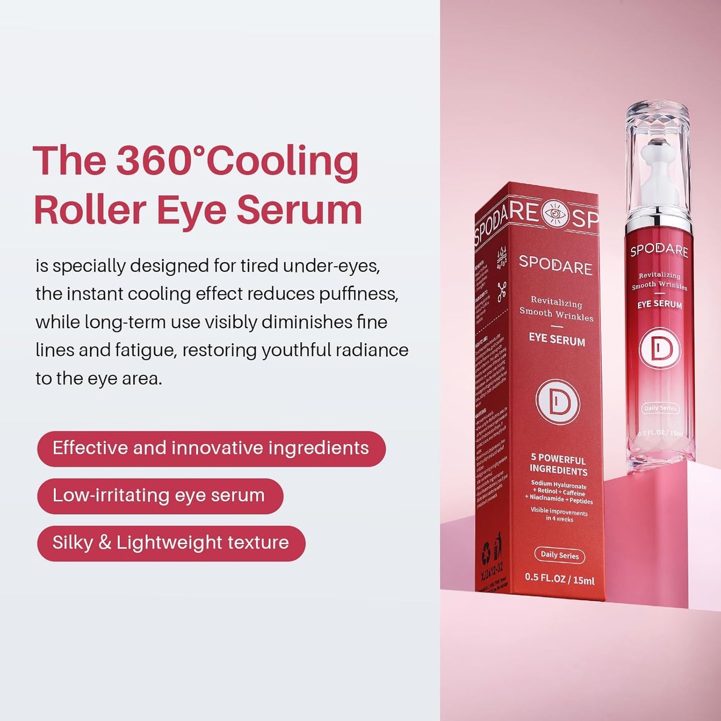 Eye Serum for Dark Circles - Caffeine, Retinol & Hyaluronic Acid | 360° Massage Ball, 0.5 fl oz