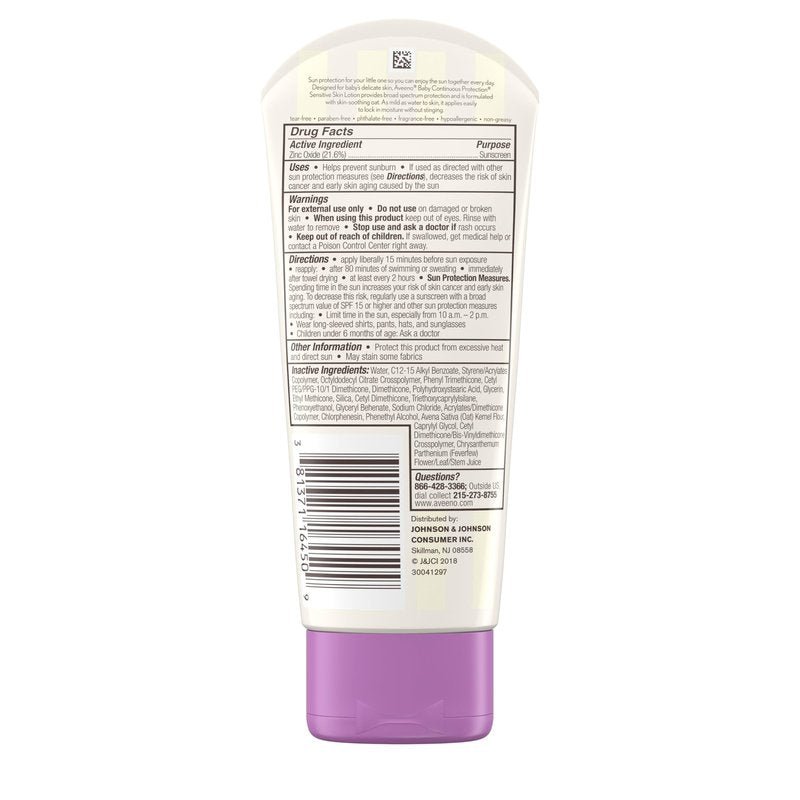 Aveeno Baby Continuous Protection Zinc Oxide Mineral Sunscreen Lotion for Sensitive Skin, Broad Spectrum SPF 50, Tear-Free, Sweat- & Water-Resistant, Paraben-Free, Travel-Size, 3 fl. oz