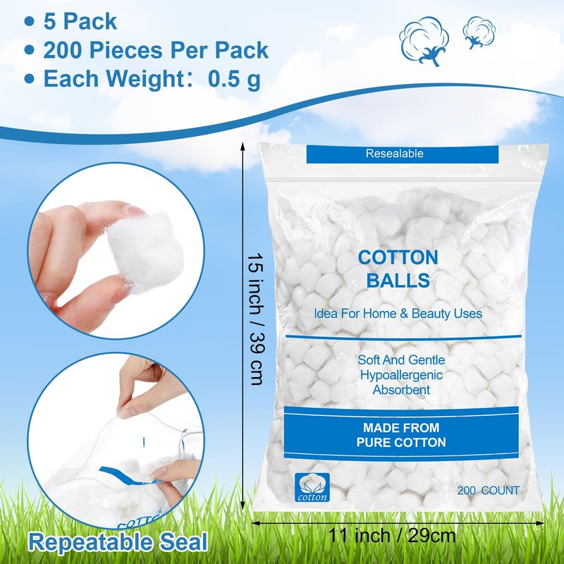 Heigble 1000 Pcs Soft Cotton Ball Bulk Organic Medium Cotton Ball for Absorbent Multipurpose Pure Nail Polish Remover Makeup Removal First Aid Face Crafting Cleaning Skin Applying Lotion