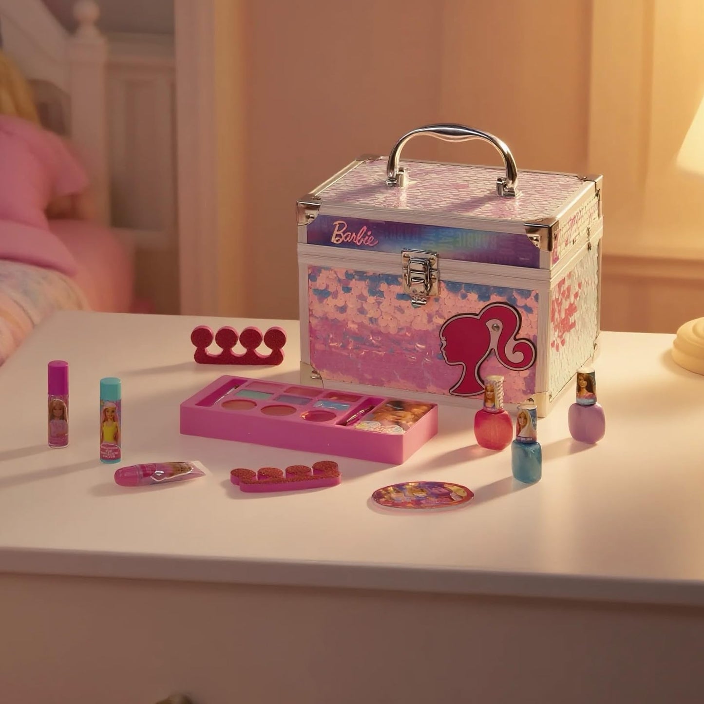 Barbie Makeup Set for Kids Girsl with Train Case, Includes Nail Polish, Lip Gloss and more, Kids Makeup Kit for Girls, Play Makeup, Party Favor, Birthday, For Kids Ages 3+, by Townley Girl