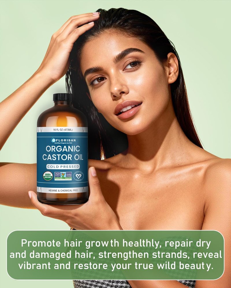 Florisan USDA Certified Organic Castor Oil 16oz Glass Bottle, Cold Pressed, Hexane-Free, Non-GMO, Vegan, 100% Pure Castor Oil for Hair Growth, Skin, Lashes, Eyebrows, EWG Verified