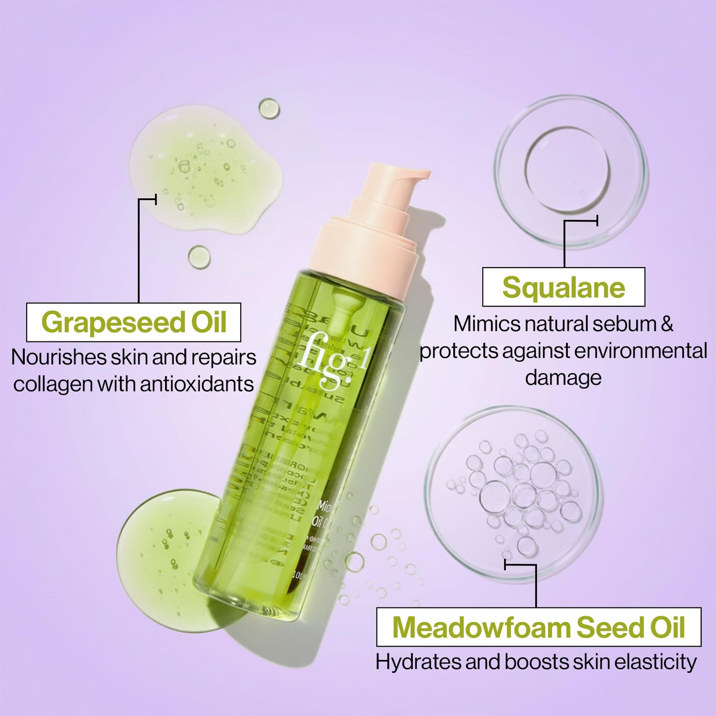 Fig.1 Micellar Oil Cleanser for Face - Makeup Remover Cleansing oil, Facial Cleanser - Squalane & Grapeseed Oil Formula, Cleanse without Clogging Pores, Acne-Prone Facial Skincare, Refillable 3.4 Oz