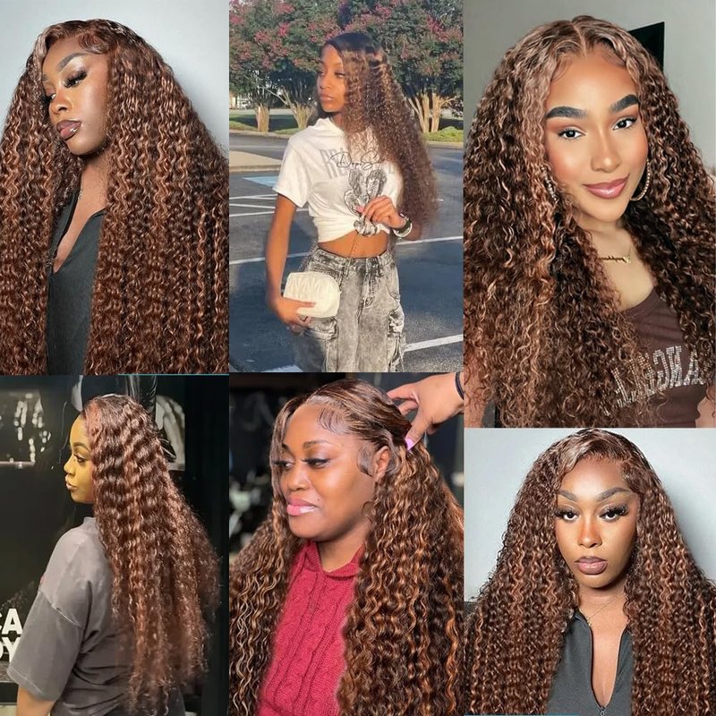 Biliisyff P4/30 Highlight Brown Curly Wave Human Hair Ombre Kinky Curly Bundles Brazilian Virgin Hair Two Tone #4 Brown Mixed With #30 Auburn Bundles Hair Weave 8 10 12 Inch