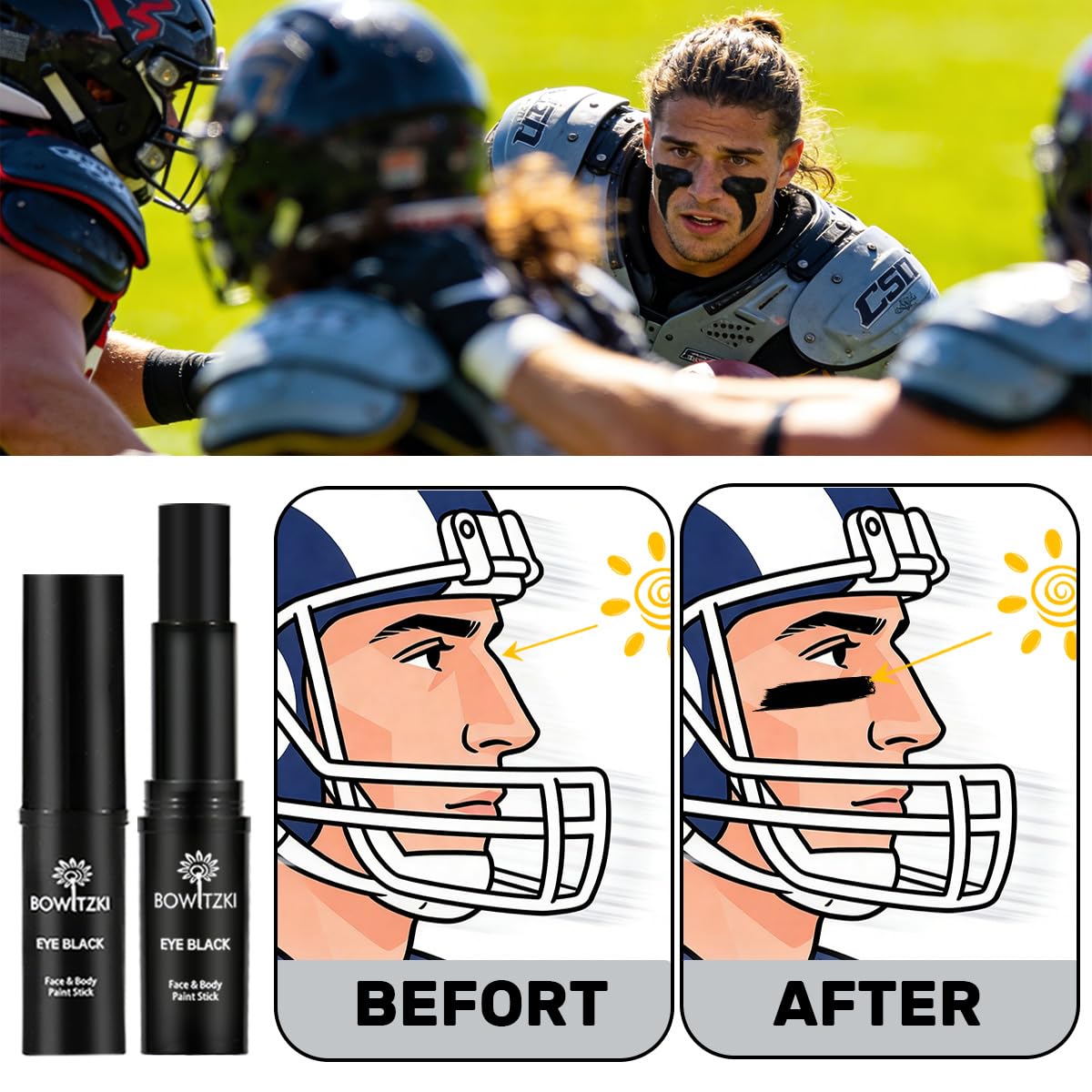 Bowitzki Face Paint Stick 10 Pieces Eye Black Set Softball Football Baseball Sports , Non-Toxic Hypoallergenic for Halloween SFX Makeup Cosplay Joker Costume Parties Cream-Blendable