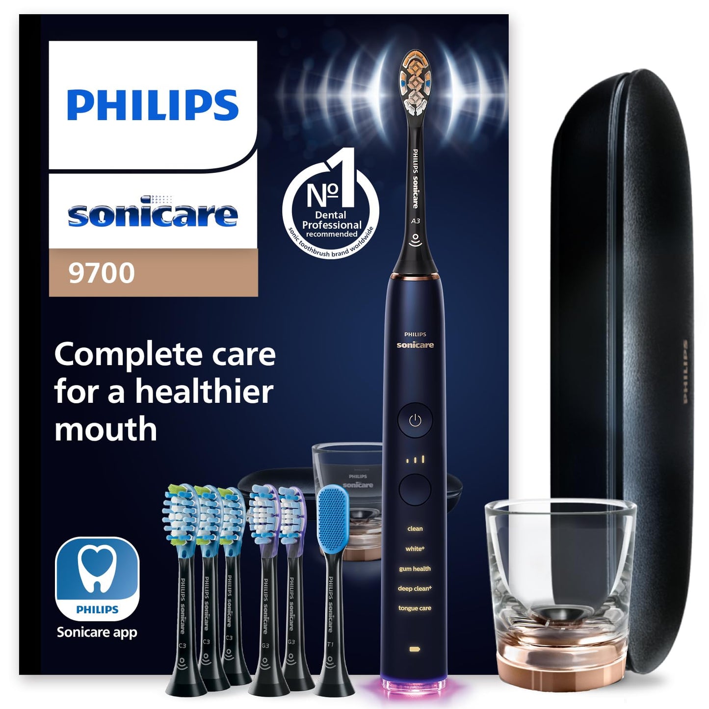Philips Sonicare DiamondClean Smart 9700 Electric Toothbrush - Sonic Toothbrush with App, Pressure Sensor, 15 Brushing Settings, Replacement Reminder, Charging Travel Case, Lunar Blue, HX9957/71