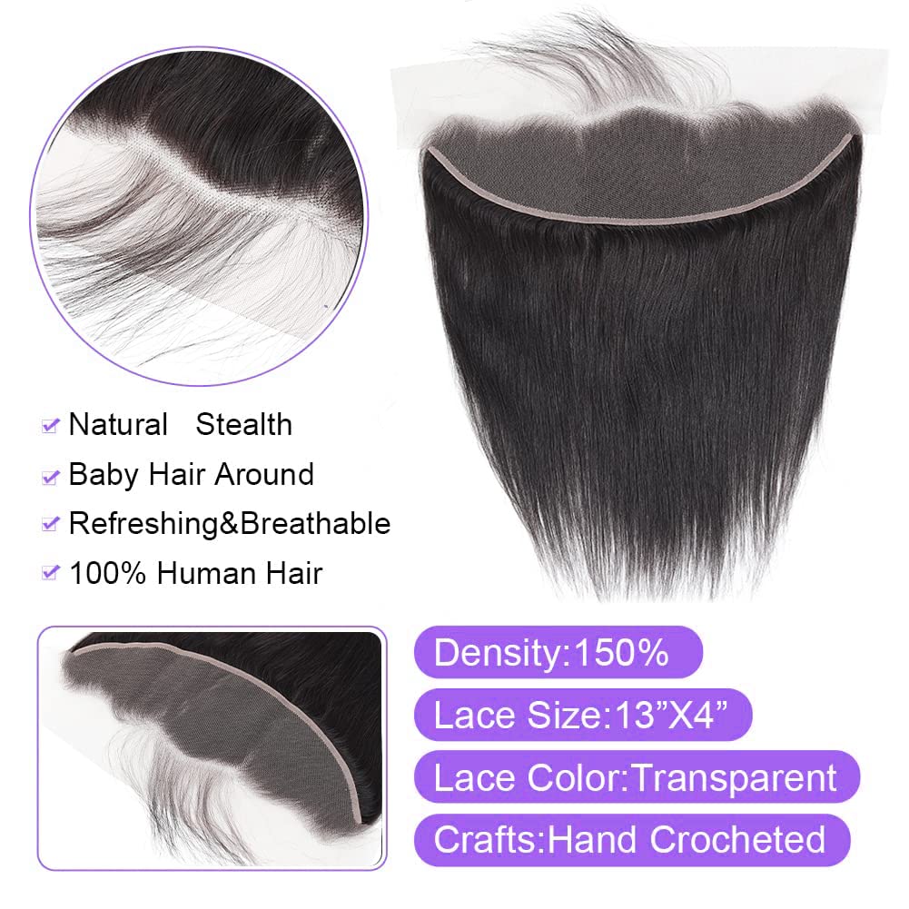 Winky cool lace Frontal Closure 13x4 Ear To Ear Transparent Lace Frontal 16 Inch 12A Brazilian Straight Frontal Human Hair Transparent Frontal Closure 150% Density Natural Hairline Pre Plucked with