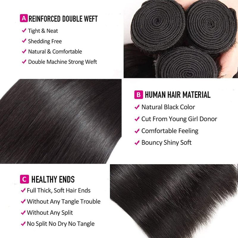 TNICE Straight Human Hair Bundles 14 14 14 Inch Brazilian Straight Hair Bundles 100% Unprocessed Virgin Hair Weave Bundles Human Hair Extension for Women Natural Color