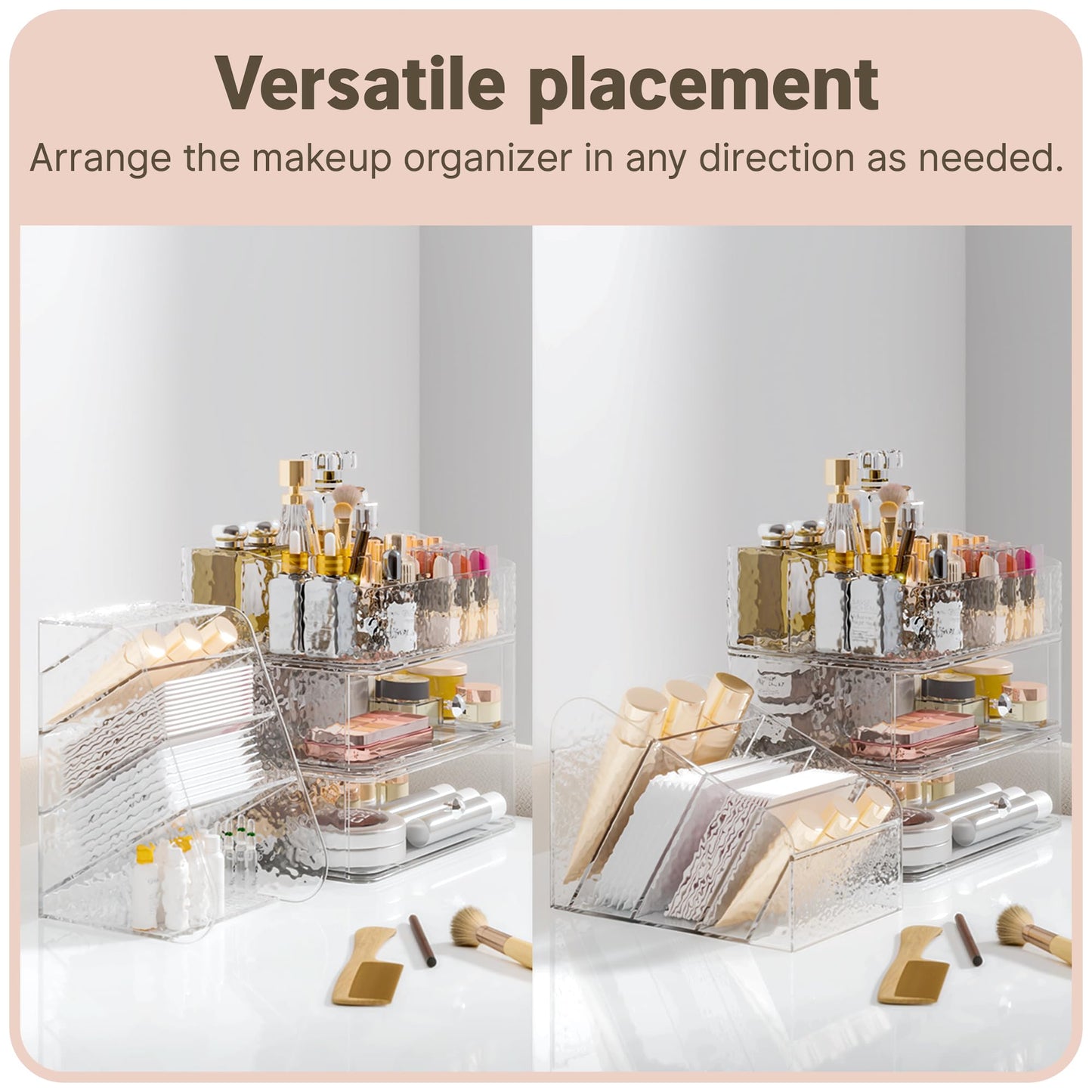 Henyol Makeup Organizer with Brush Holder Plastic Makeup Drawers For Vanity Clear Stackable Storage Case Makeup Organizer For Skincare, Brushes, Lipstick, Nail Polishes, Perfumes, Eyeshadow Palettes