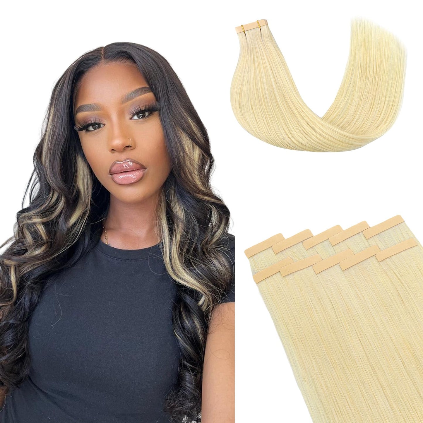 Lashey Tape in Hair Extensions 25g 10pcs 18 Inch Straight Balayage Natural Black to Light Blonde Highlighted Hair Extensions Tape in Hair for Women