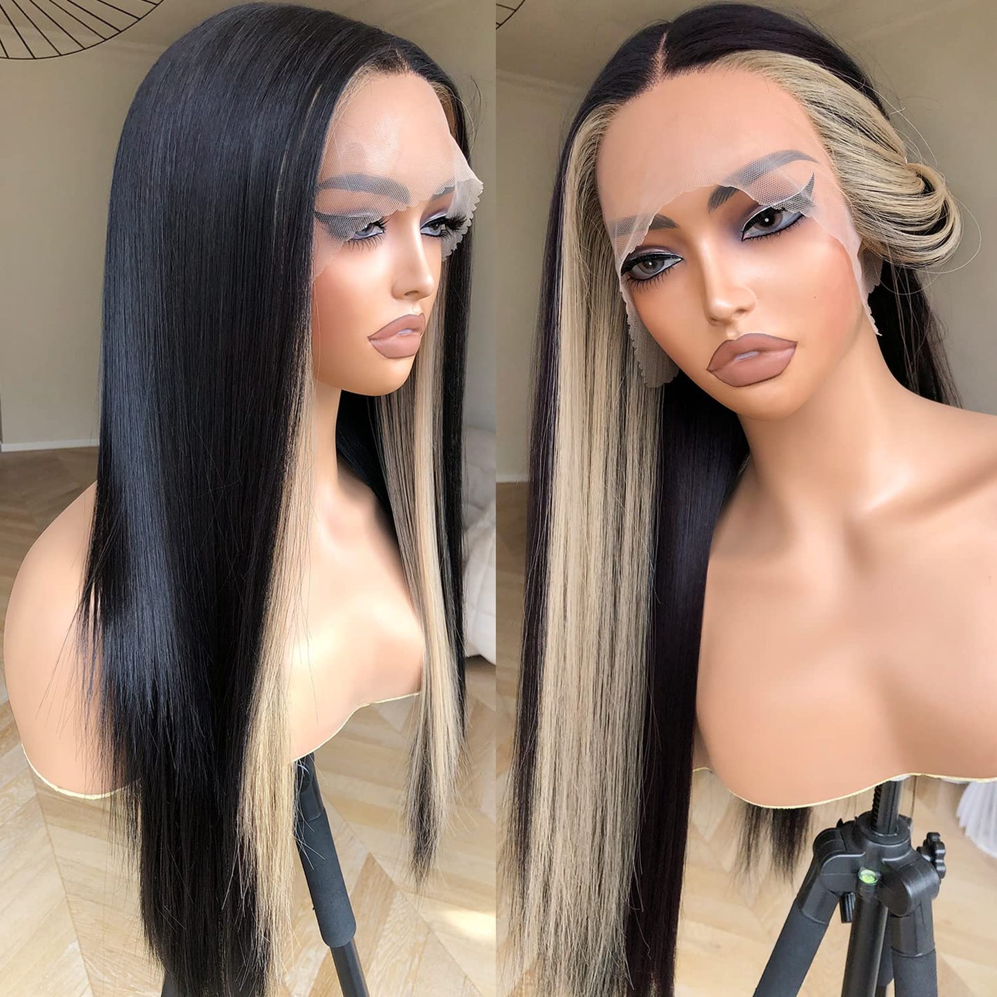 BrownBomb Skunk Stripe Wig Lace Front Wig Pre Plucked Ready to Wear, HD Glueless 13X5X1 Synthetic Lace Front Wigs for Women 180 Density 26inch, Black and Blonde Wig Skunk Stripe Effortless Chic