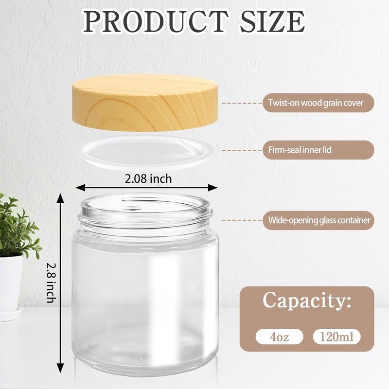 Glass Jars with Lids - 25 Pcs 4 Oz Airtight Reusable Containers for Travel & Cosmetics | Round Plastic Woodgrain