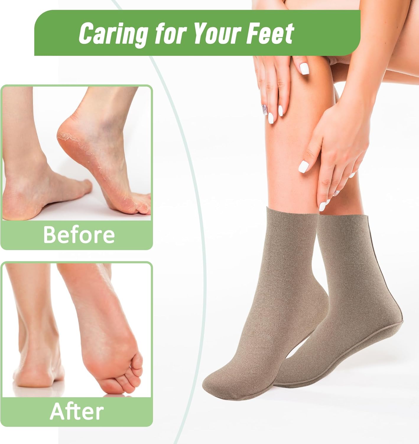 Castor Oil Pack Wraps for Feet - Organic Cotton, Reusable Mid-Crew Socks | Khaki, 2 Pack
