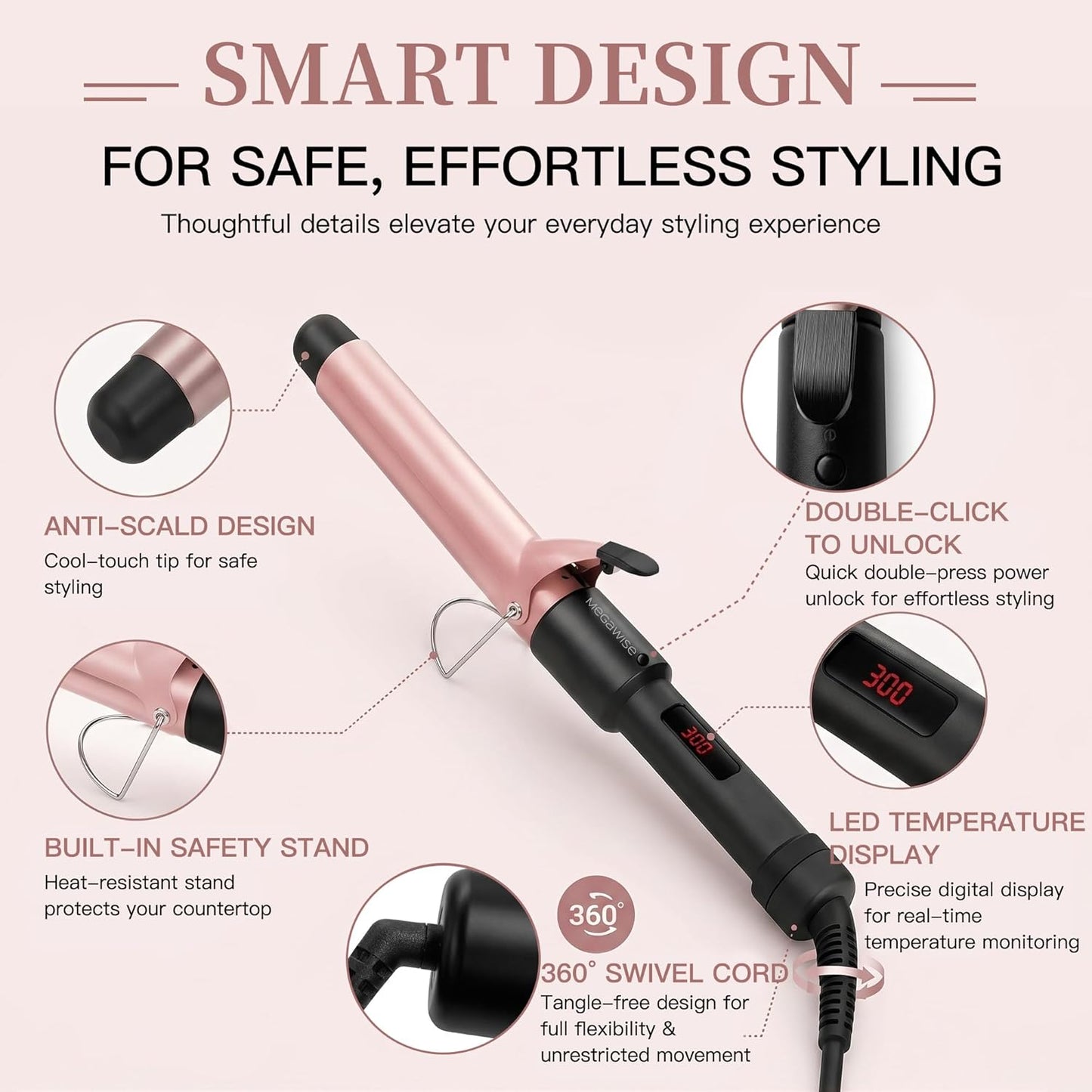 MegaWise Pro Hair Curling Iron - 1 1/4 Inch Ceramic Barrel, Fast Heating & Anti-Scald Grip | Complete Styling Kit