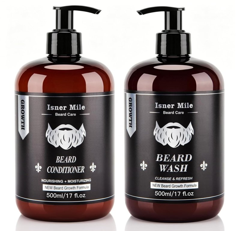 ISNER MILE Beard Wash and Conditioner Set 17 oz New Formula with Biotin Argan & Jojoba Oils Smooth Soften Strengthen Shampoo with Oil Gifts for Men