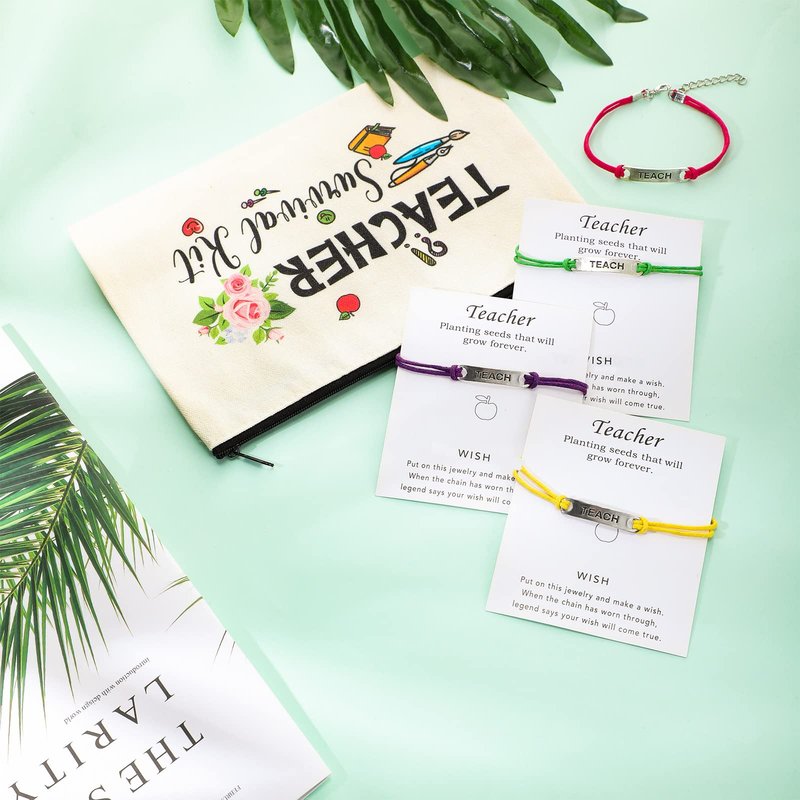 Frienda 36 Pieces Teacher Appreciation Present Set, 18 Survival Kit Makeup Pouch Bag Pencil Bag, 18 Teacher Blessing Card Bracelet, Cosmetic Bag Kit for Teacher's Day, Elegant Style, 9.1 x 5.9 Inch