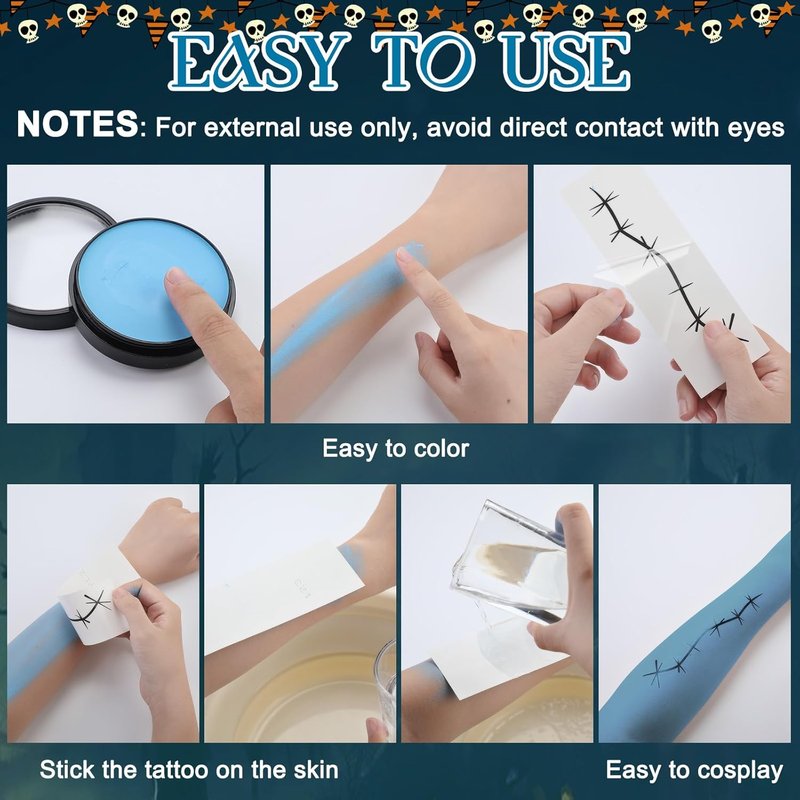 XunYee Halloween Costume Makeup Set - 22 Pcs with Stitches Tattoos, Blue Face Paint & False Eyelashes | Perfect for Cosplay Parties