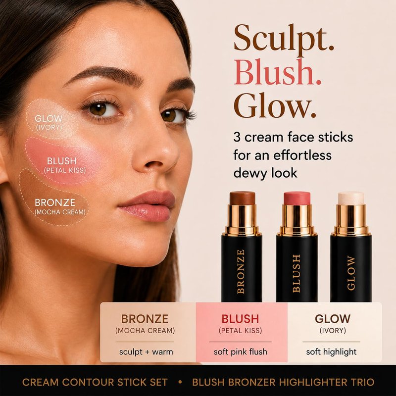 Phoenix Beauty Contour Trio with Cream Blush, Bronzer & Highlighter - Buildable, Pigmented Hydrating Formula with Shea Butter, Vitamin E, Hyaluronic Acid & Squalane; Gift Set (Twilight, Regular Trio)