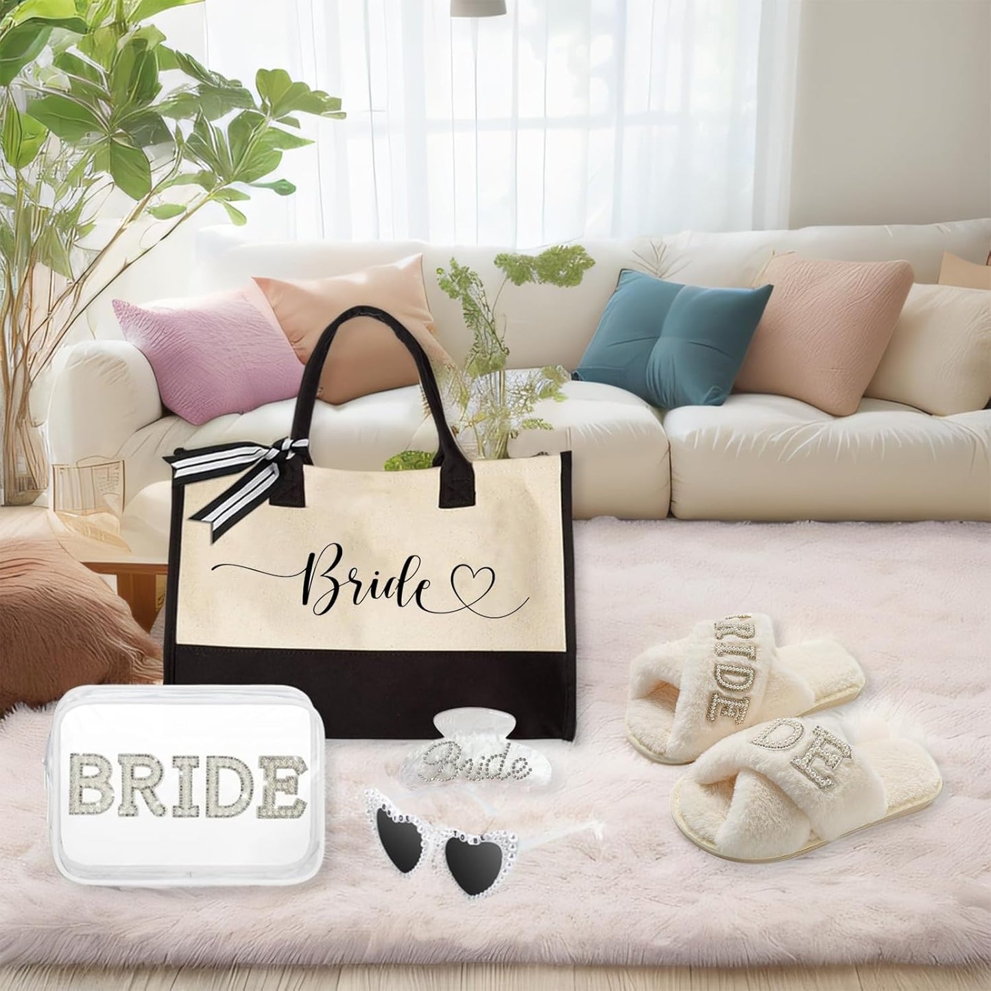 Bridal Shower Gifts Set - 5-Piece Bride Bag, Cosmetic Bag, Sunglasses & Slippers | Perfect for Weddings & Bachelorette Parties