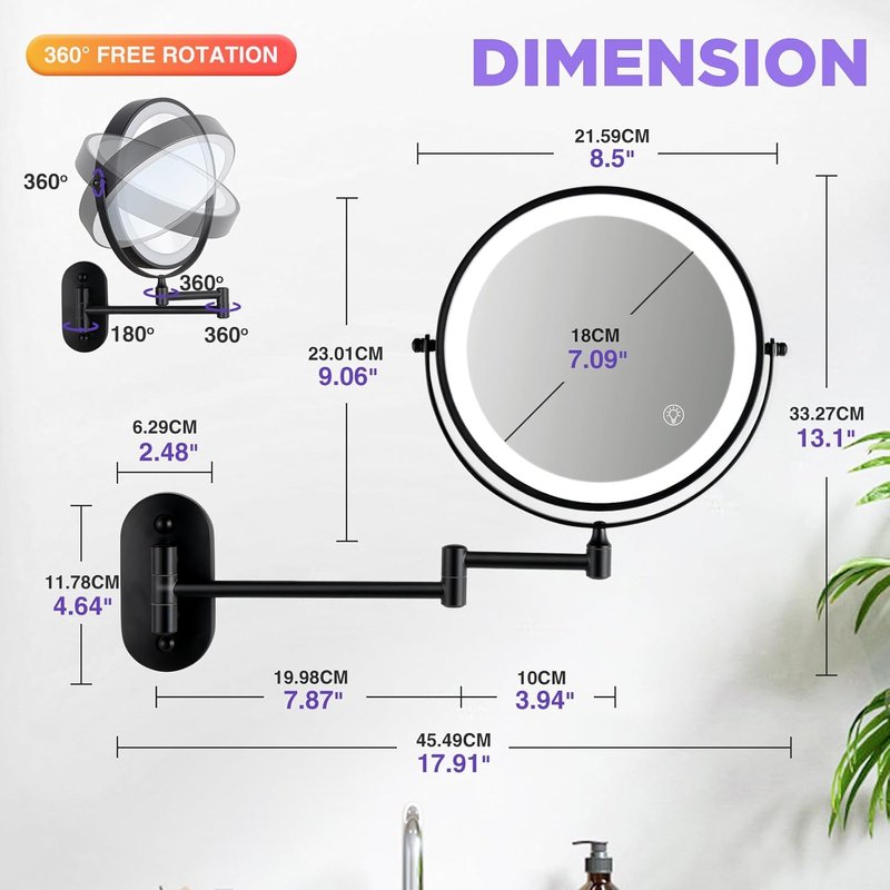 Wall Mounted Makeup Mirror - 1x/20x Magnifying Lighted Vanity Mirror | 8.5" Double-Sided, Black Finish