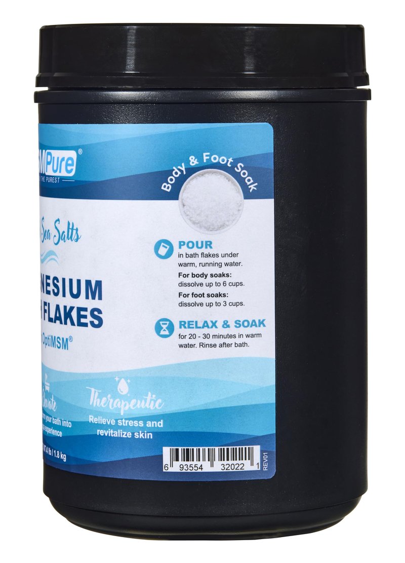 MSMPure Magnesium Bath Flakes with MSM – Dead Sea Magnesium Chloride for Muscle Recovery, Joint Relief & Relaxation – Epsom Salt Alternative for Soaking, Foot Soaks & Baths – 4 lb