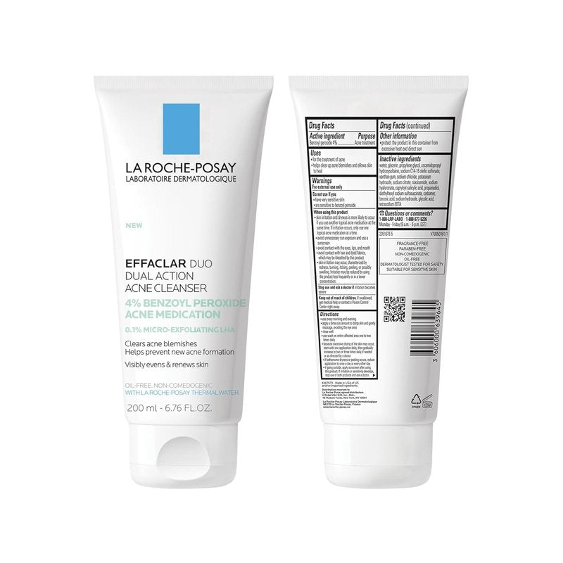 La Roche-Posay Effaclar Dual Acne Face Wash - 4% Benzoyl Peroxide & LHA Exfoliant | 6.76 Fl Oz
