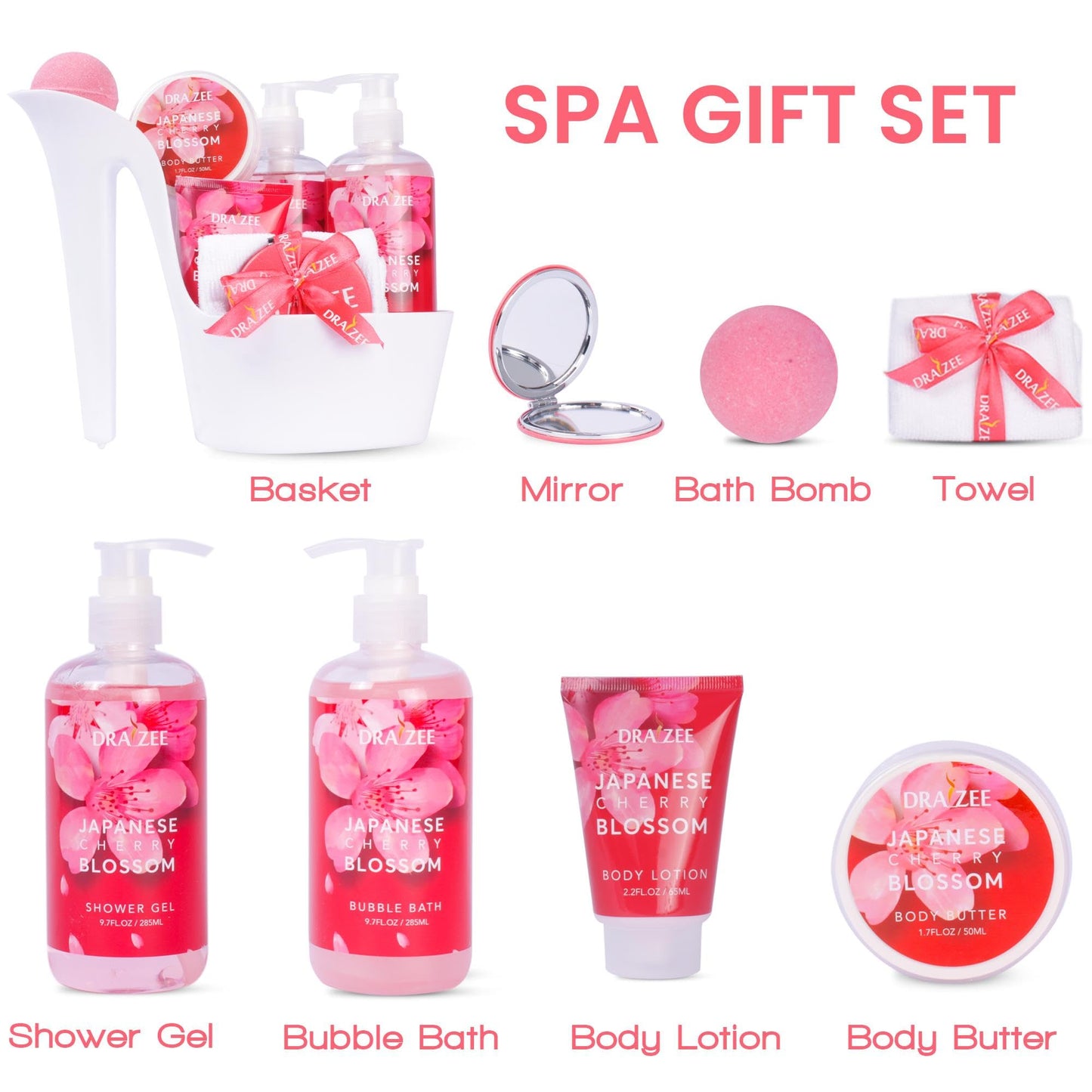 Mother’s Day Gift Baskets for Women, 8 Pc Cherry Blossom Scented Spa Gift Set, Heel Shoe Bath Basket, Elegant Bath and Body Set, Relaxing Self Care Kit for Mom, Home Spa Gifts for Her by Draizee