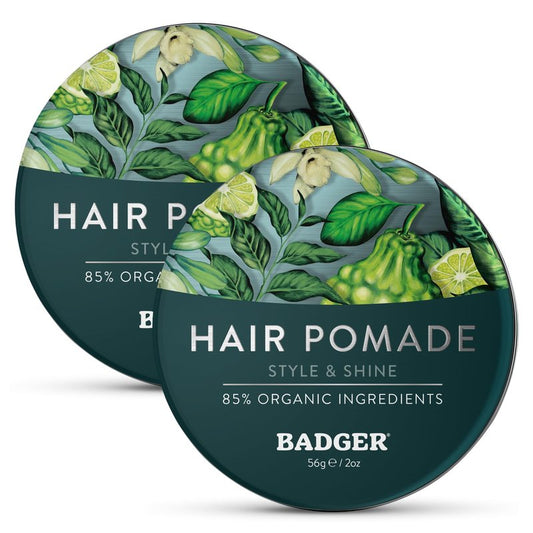 Badger Hair Pomade for Men, Organic, Easy to Use, Subtle Masculine Scent, Medium Hold Hair Pomade with Medium Shine Finish, Nourishes Hair & Scalp 2 oz Tin, 2-Pack