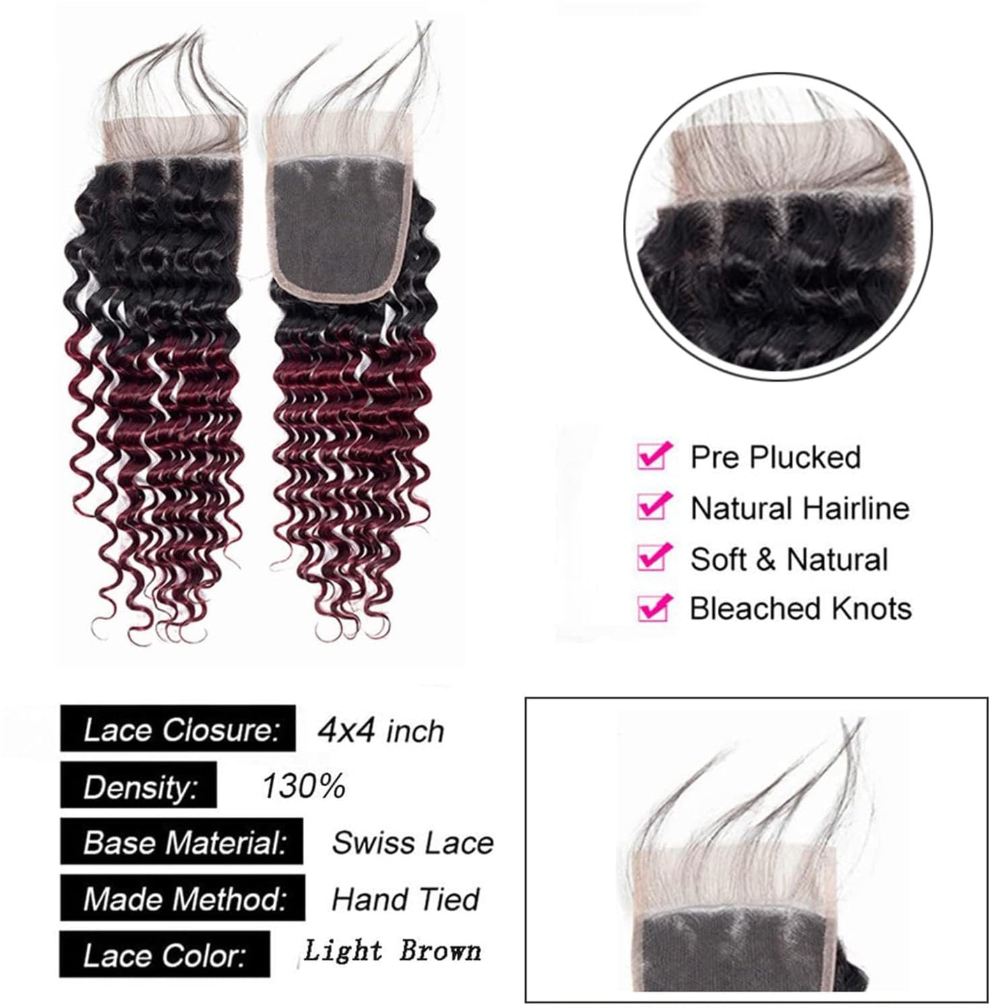 1b99j Burgundy Deep Wave Ombre Closure 4x4 Transparent Lace Closure Human Hair Unprocessed Brazilian Virgin Remy Hair High Density 2 Tone 1b/99j Wet And Wavy Deep Curly 18 Inch