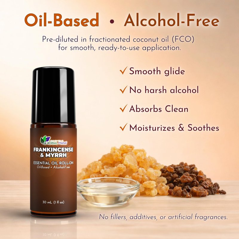 Frankincense & Myrrh Essential Oil Roll-On, 30 mL (1 fl oz) – Pre-Diluted Aromatherapy Rollerball in Fractionated Coconut Oil (FCO) – Alcohol-Free Pulse Point Oil Roller