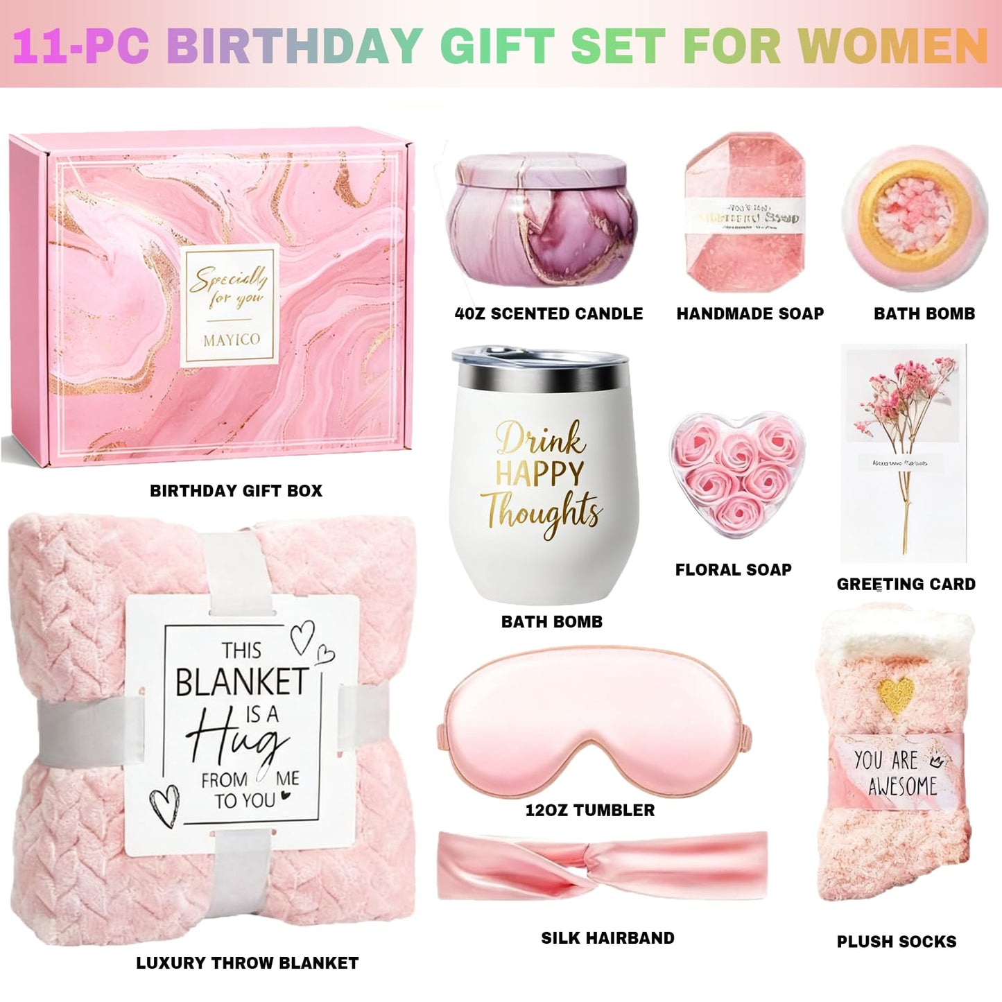 Luxury Pink Birthday Gift Box for Best Friend Birthday Gifts for Women, Cute Aesthetic Present Set for Daughter, Sister, Girlfriend, Wife Unique Gifts for Women Set 11pcs
