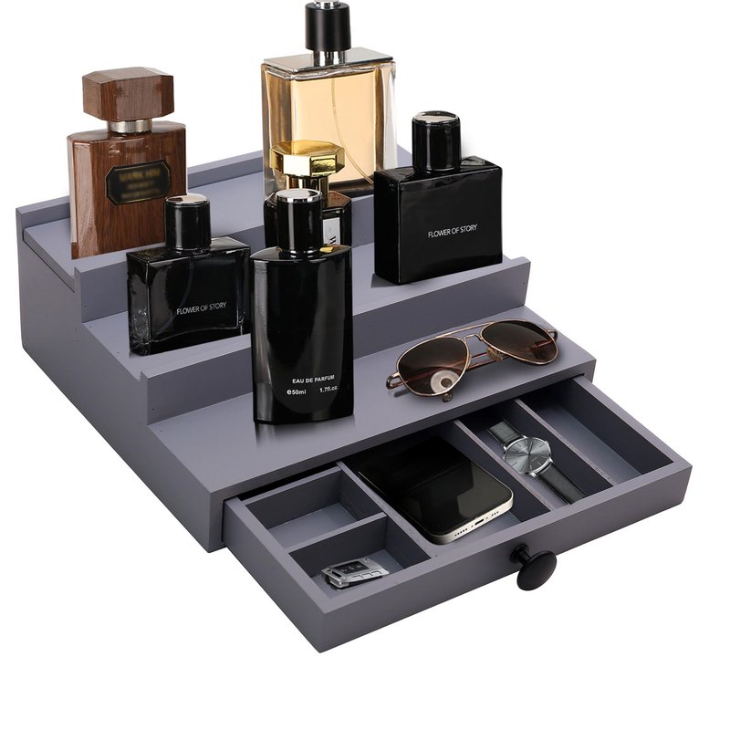 Fengligoo 3 Tier Cologne Organizer for Men - Wooden Cologne Perfume Display Stand with Drawer and Hidden Compartment, Mens Cologne Rack Holder Shelf for Organizing and Storing