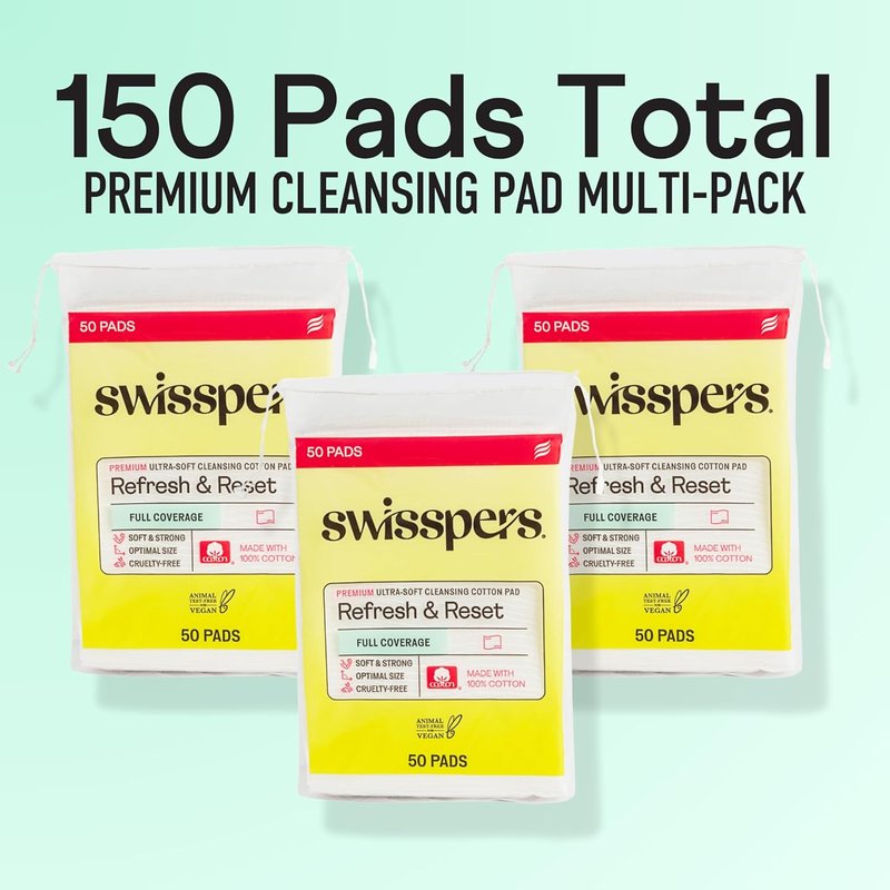 Swisspers Facial Cleansing Cotton Pads - Ultra-Soft Natural Fiber | Cruelty-Free Skincare Squares (50 Count, 3 Pack)