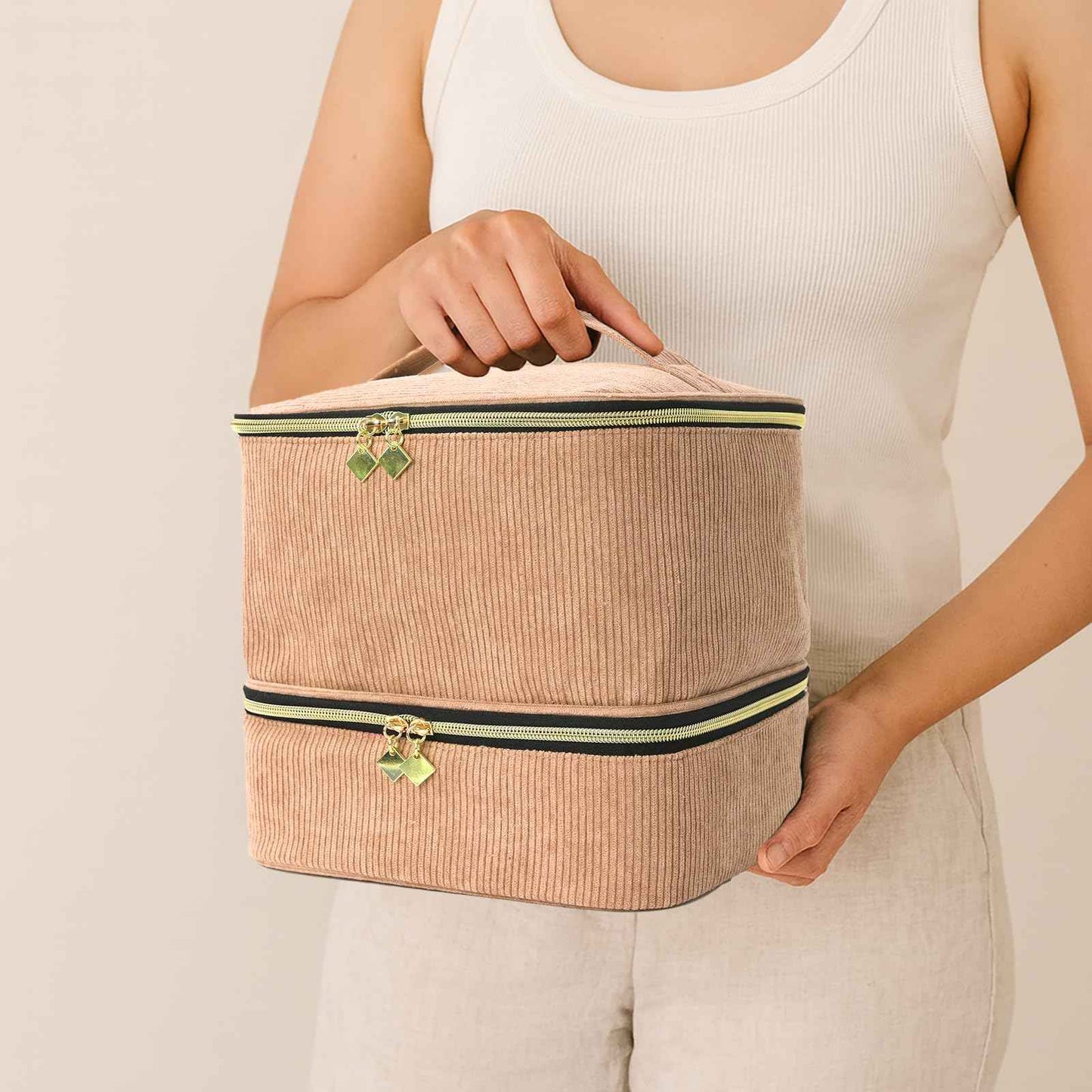 Apxouans Nail Polish Organizer Bag Nail Kit Organizer Holds 30 Bottles and 1 Nail Lamp Double-layer Nail Polish Carrying Case Nail Art Tote Bag Brown