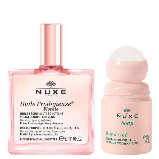 NUXE Huile Prodigieuse Floral (1.6 Fl Oz) & Rêve de Thé Aluminum-Free Deodorant (1.6 Fl Oz), Skincare Duo for Radiant Skin & 24-Hour Freshness