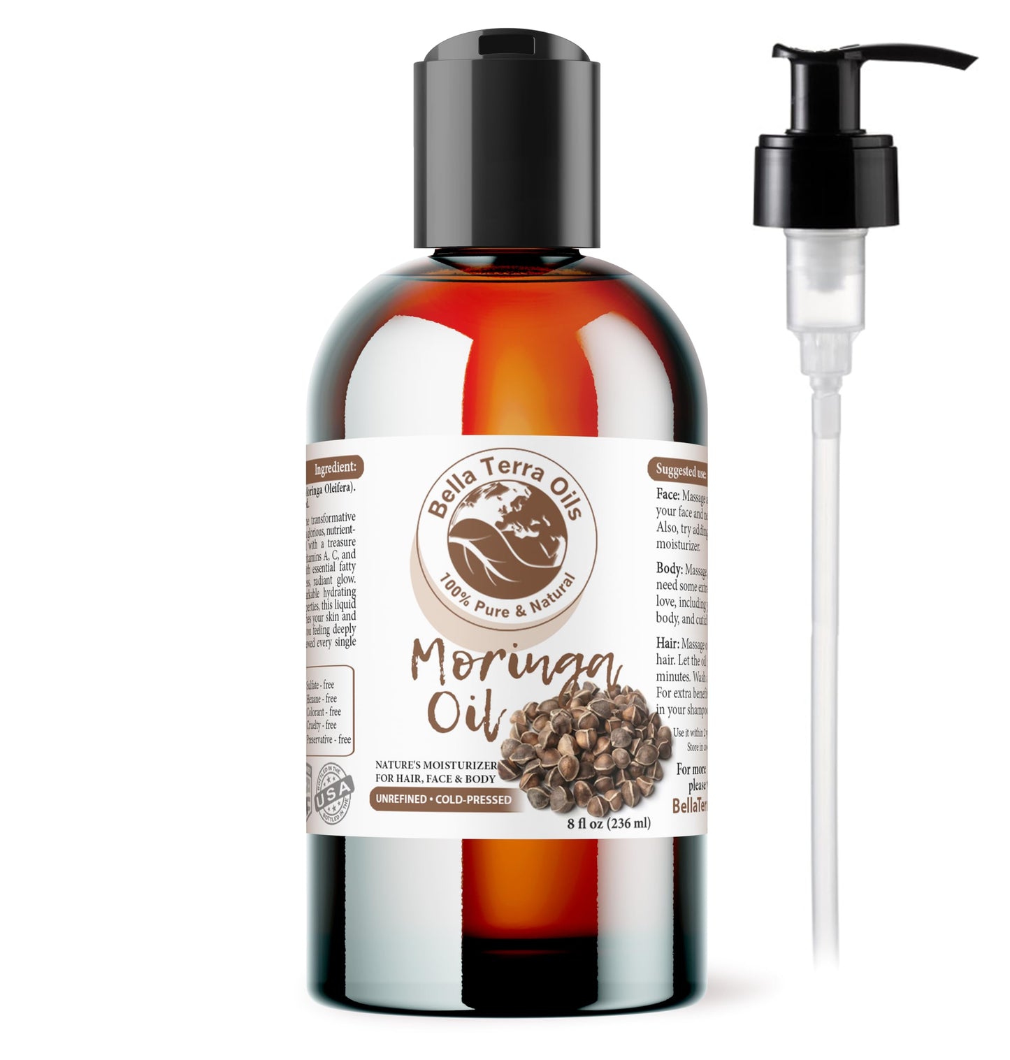 Bella Terra Oils - Natural Moringa Seed Oil 8 oz - A Symphony of Nutrients & Fatty Acids, Elevating Beauty Rituals with Natural Nourishment