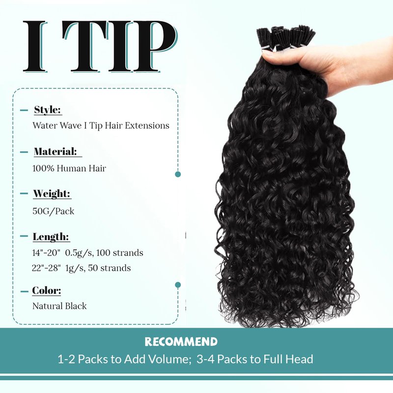 Curly I Tip Pre Bonded Human Hair Extensions Nail Tip Italian Keratin Fushion Hairpiece for Women 100 Strands Per Package Water Wave I Tip Hair Extension 100 Strands/Pack 50g