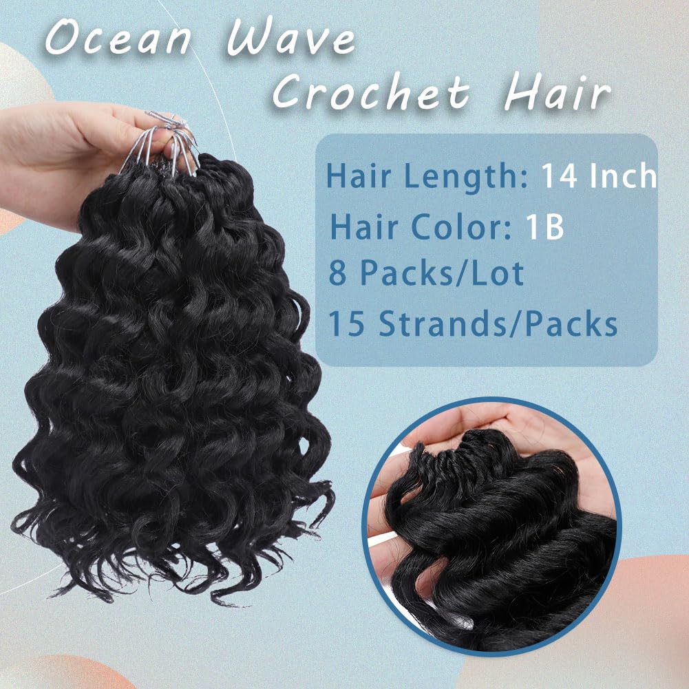 Ocean Wave Crochet Hair for Women 14 Inch, 8 Packs Deep Wave Braiding Hair Pre Looprd Short Curly Beach Curl Crochet Braids Pre Looped (1B#)